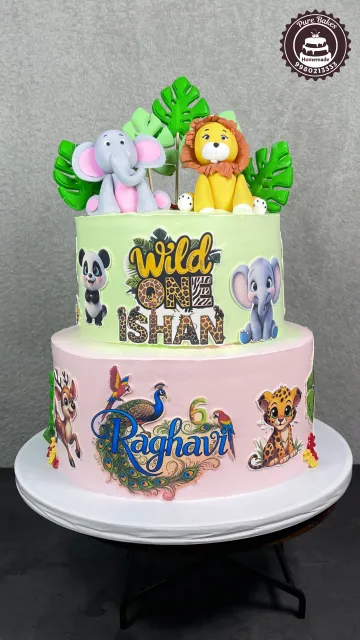 Wild One Safari Theme First Birthday Cake with Animal Cake Decorations