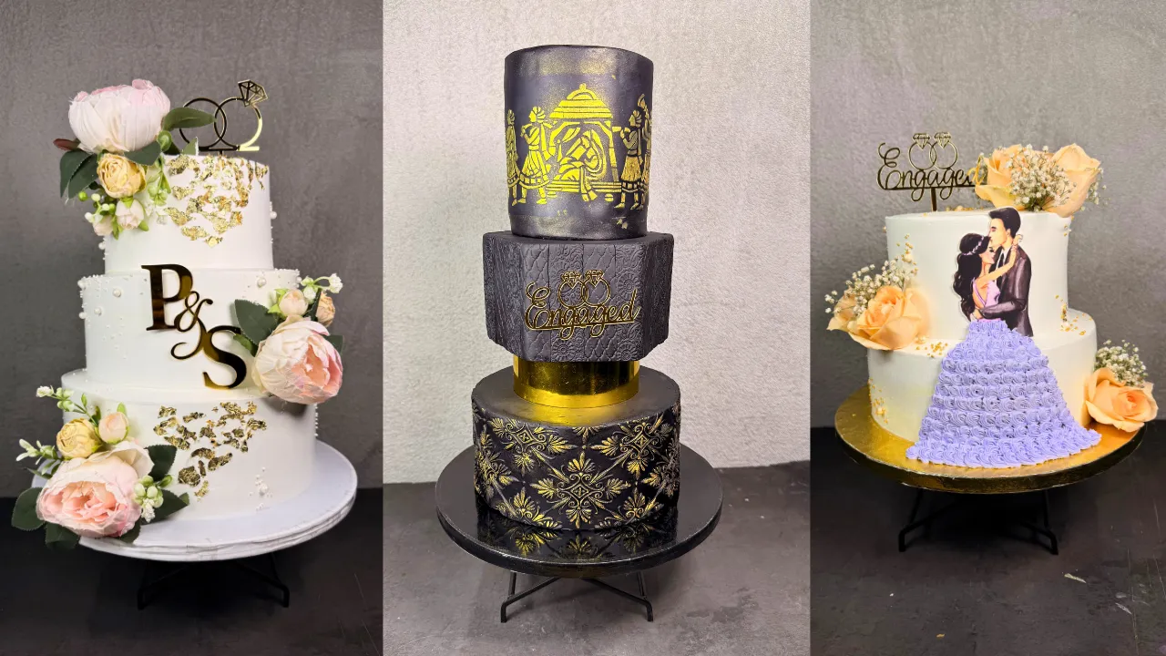 Three custom engagement cakes made by PureBakes Hyderabad