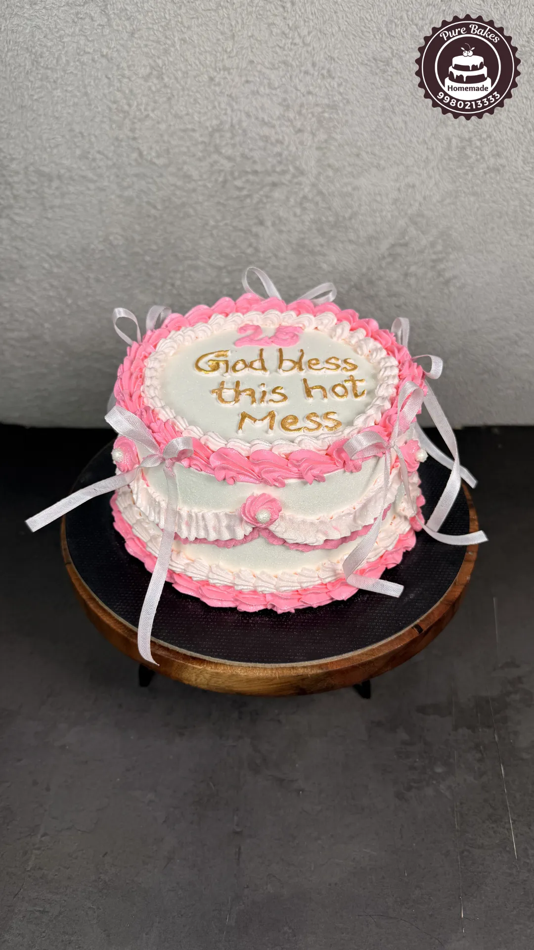 Pink Vintage Buttercream Cake with Cute Birthday Message and Bows