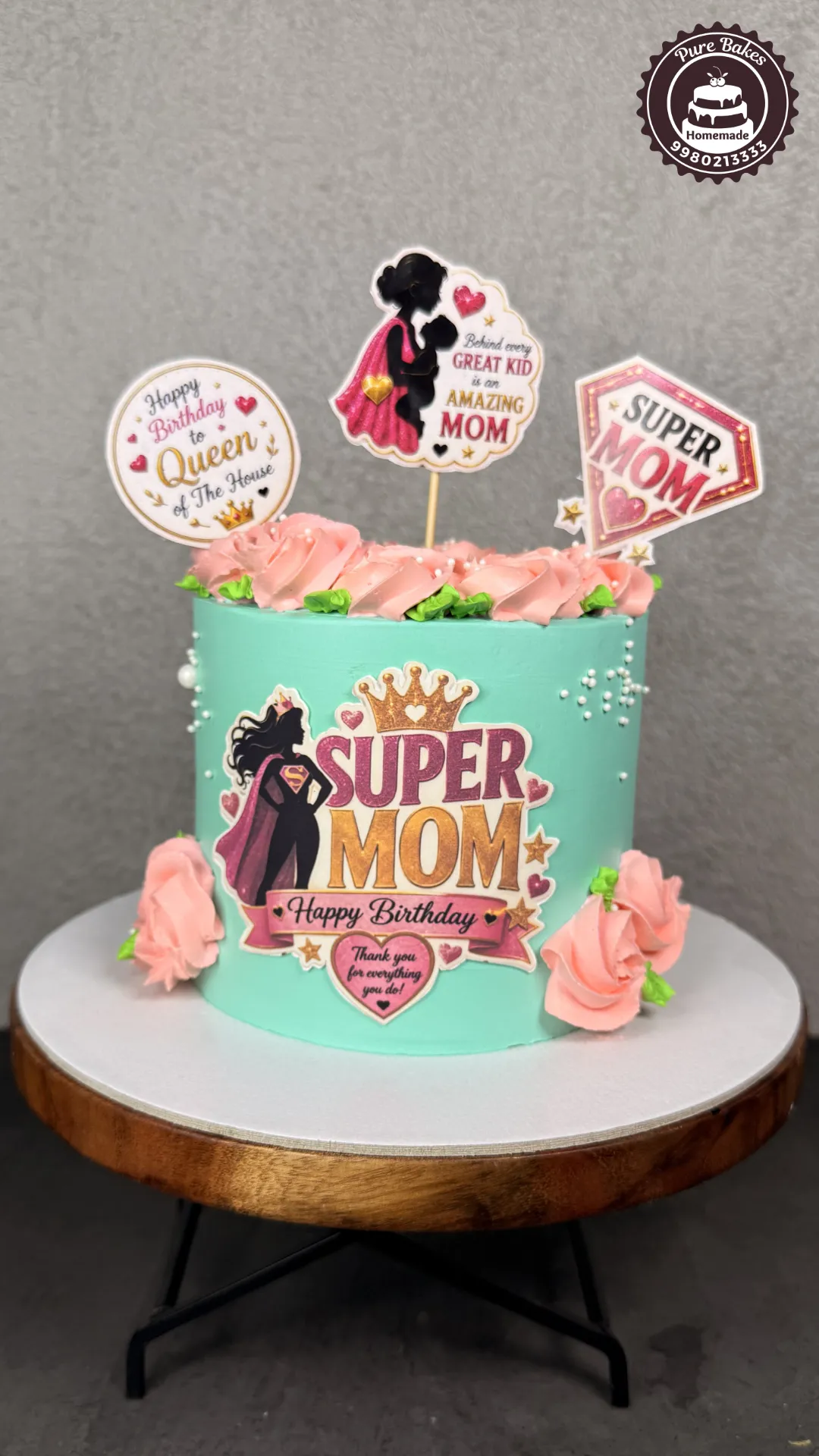 Super Mom Birthday Cake with Custom Topper and Buttercream Roses