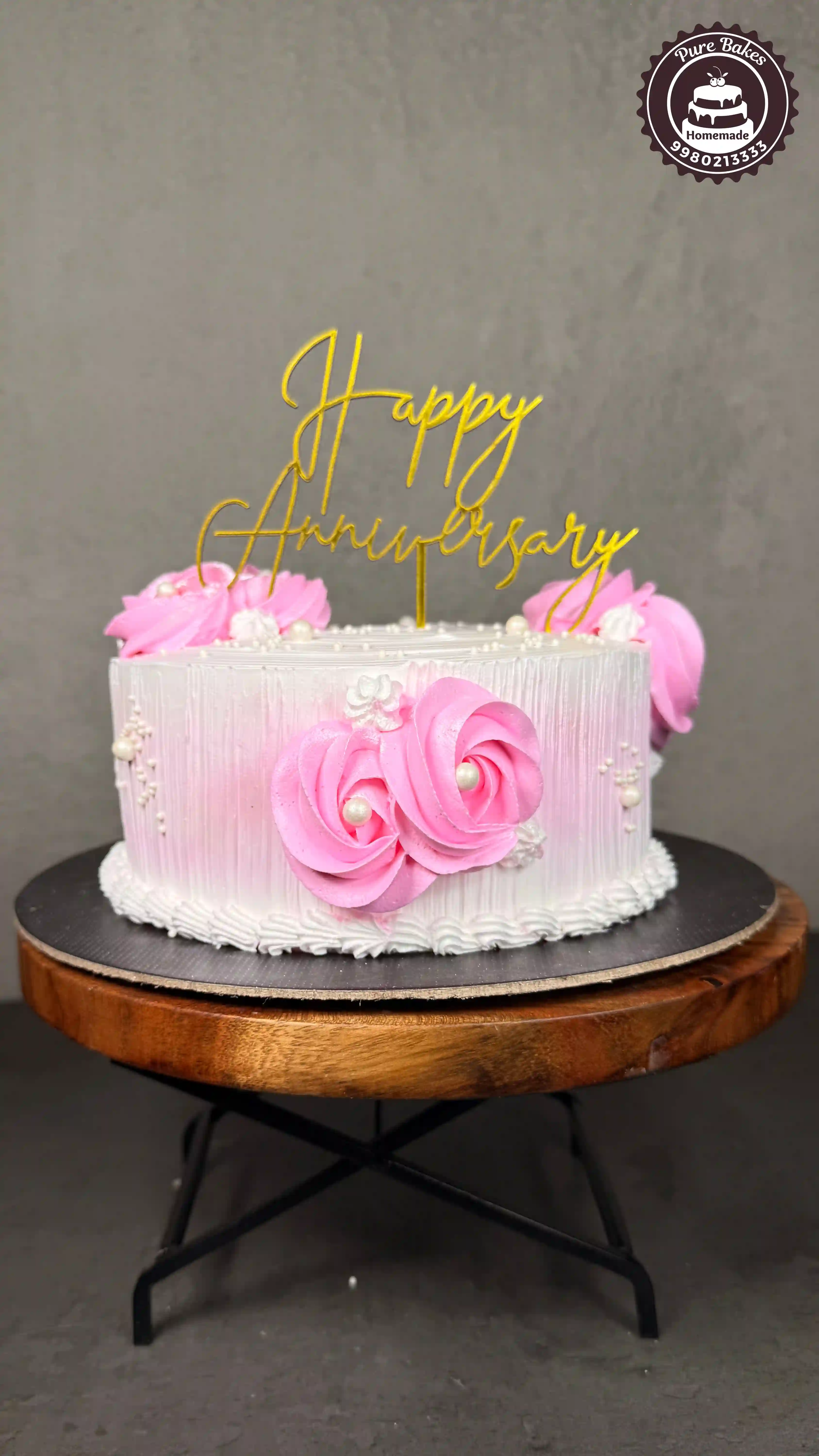 Pink Floral Anniversary Cream Cake