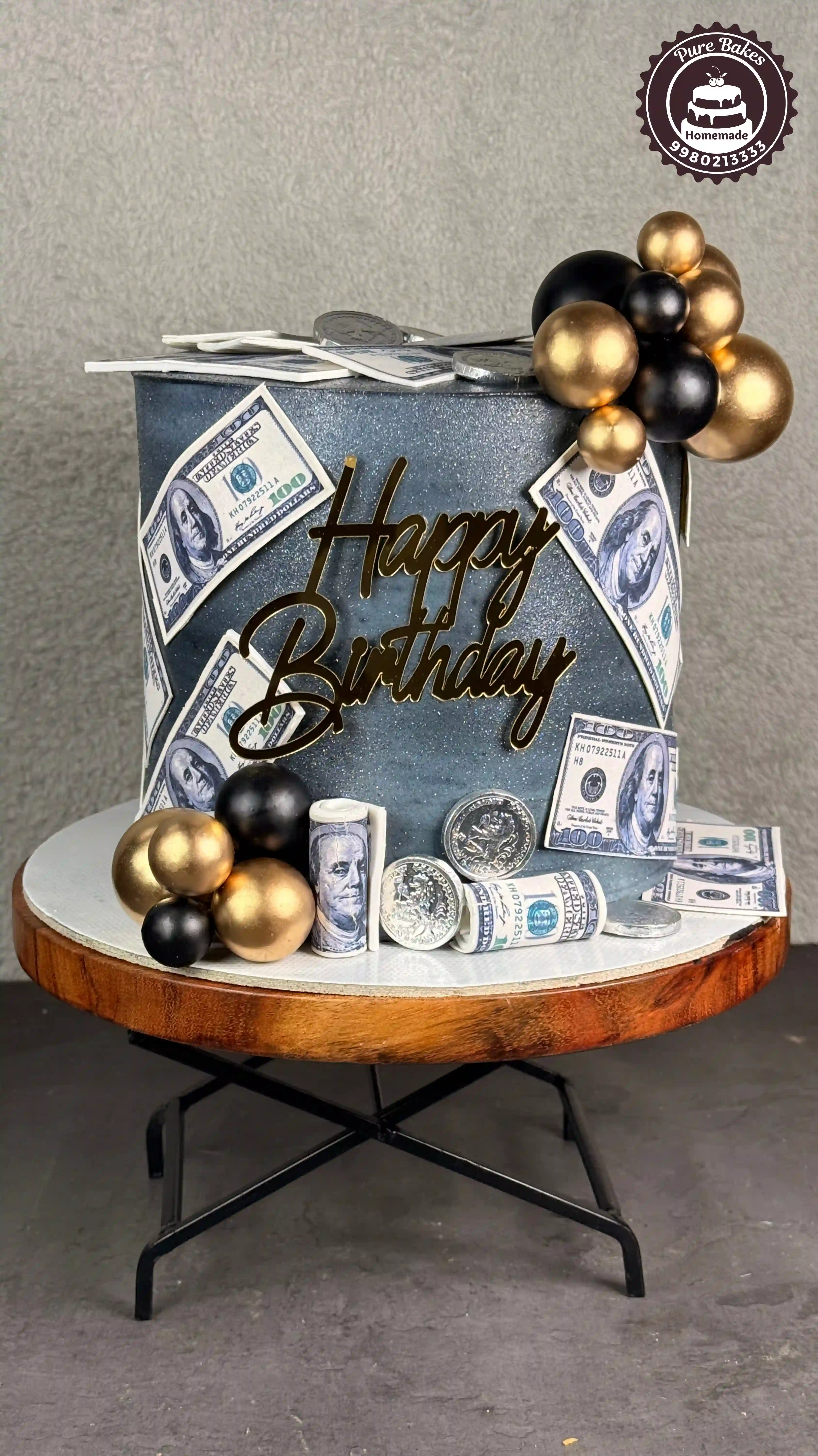 Black and Gold Money Theme Birthday Cake Design
