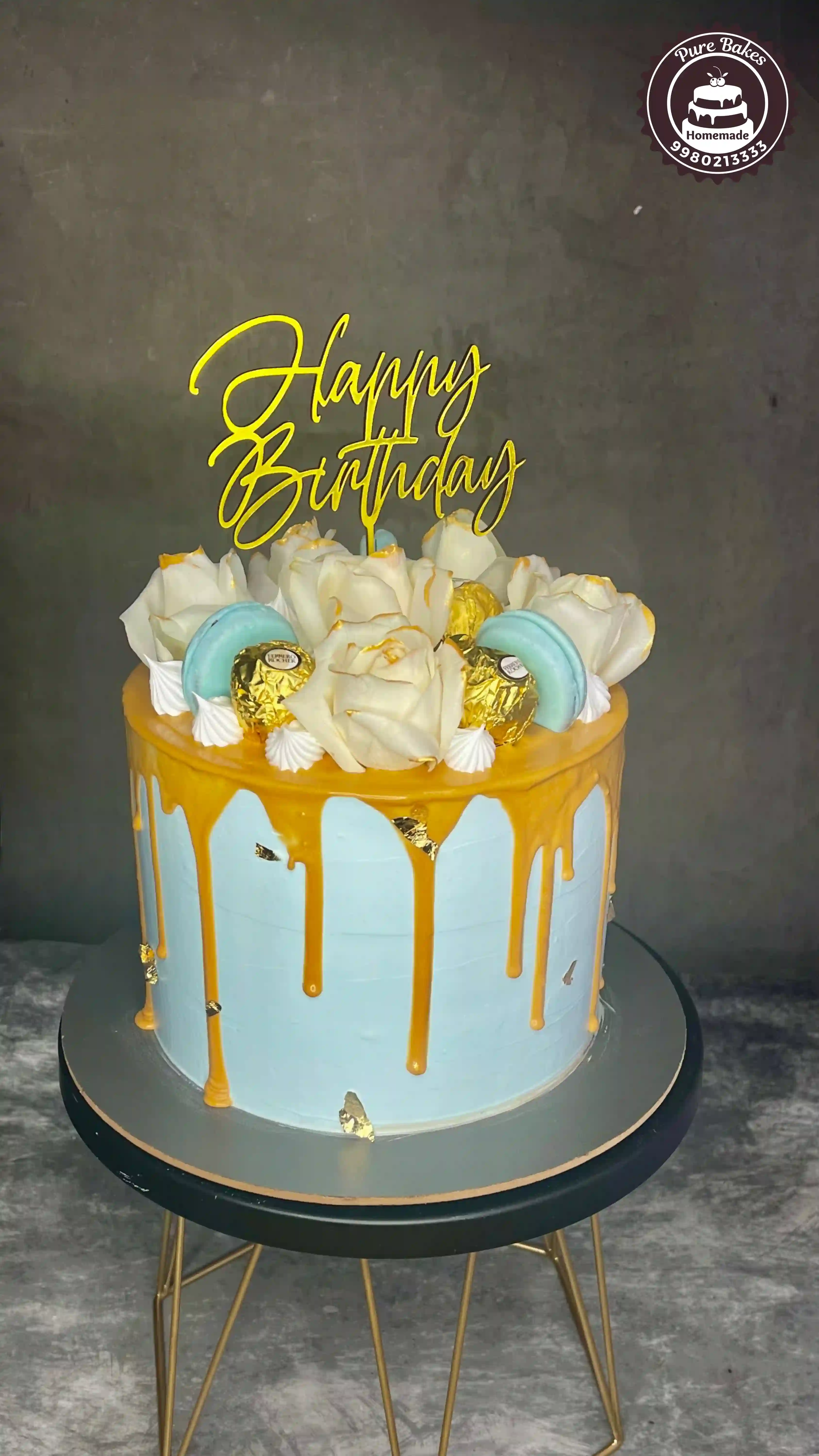 Blue and Gold Drip Cake for Birthday Celebration