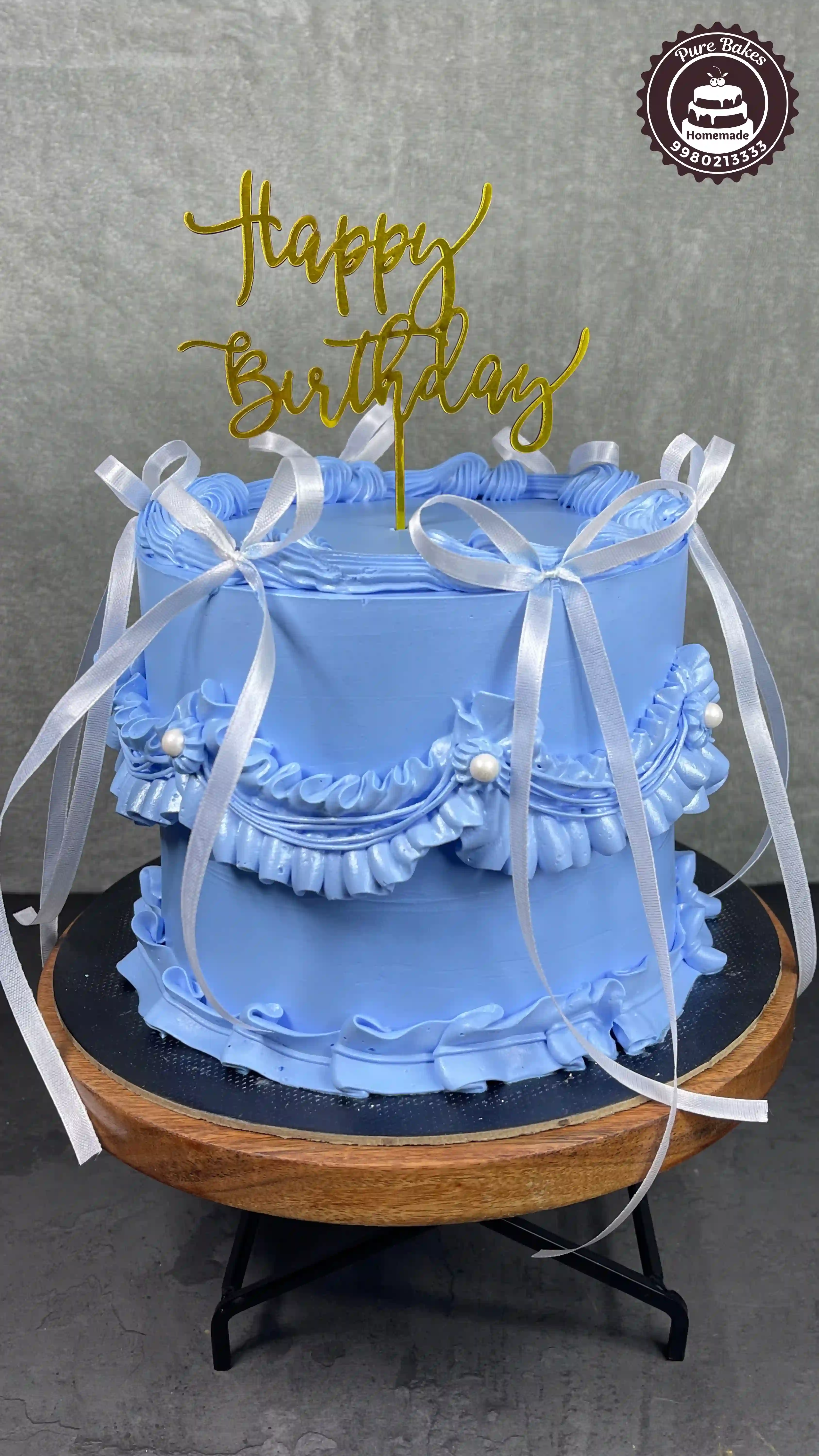 Blue Ribbon Buttercream Birthday Cake with Gold Topper