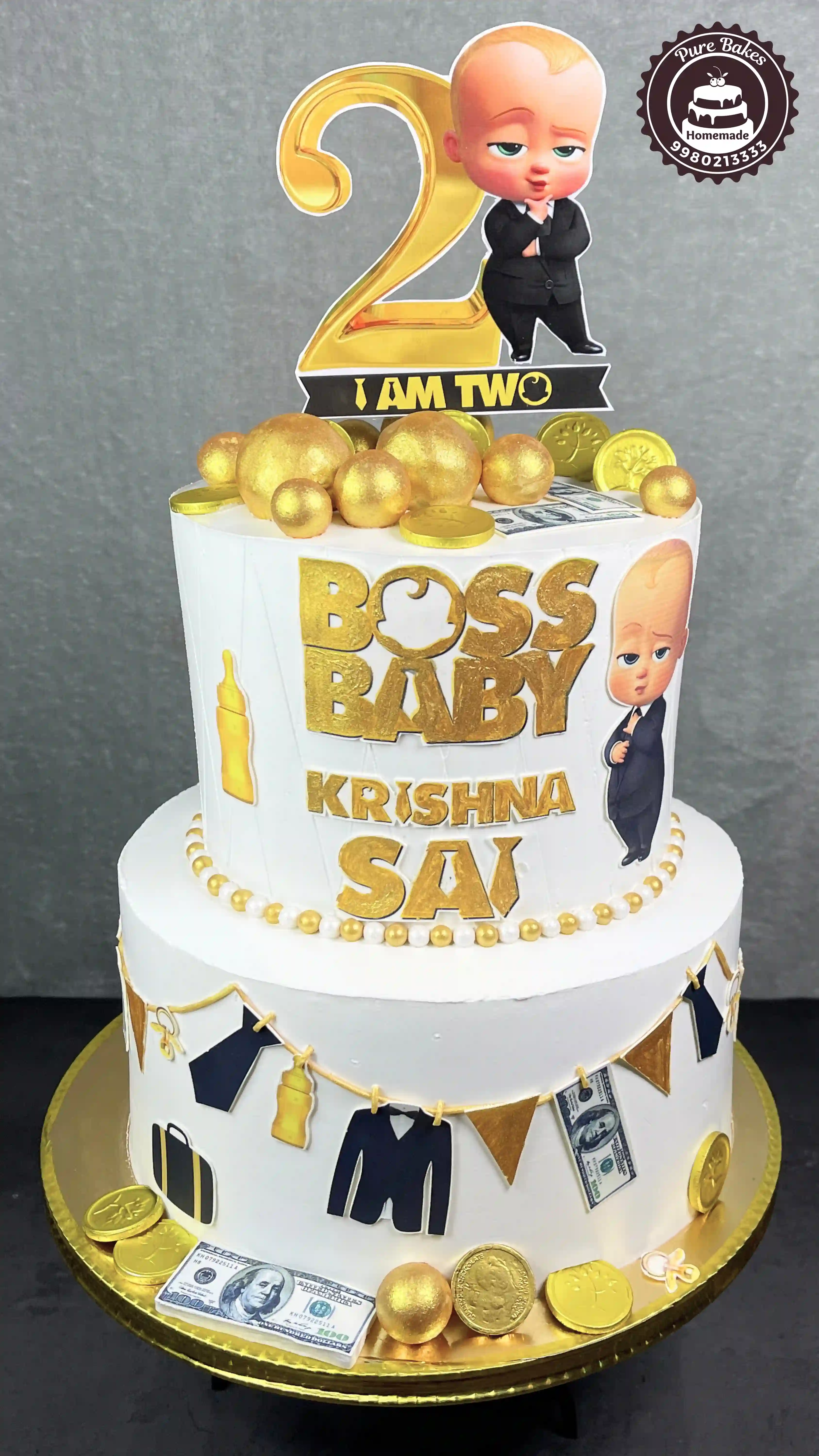 Boss Baby Gold Theme Second Birthday Celebration Cake