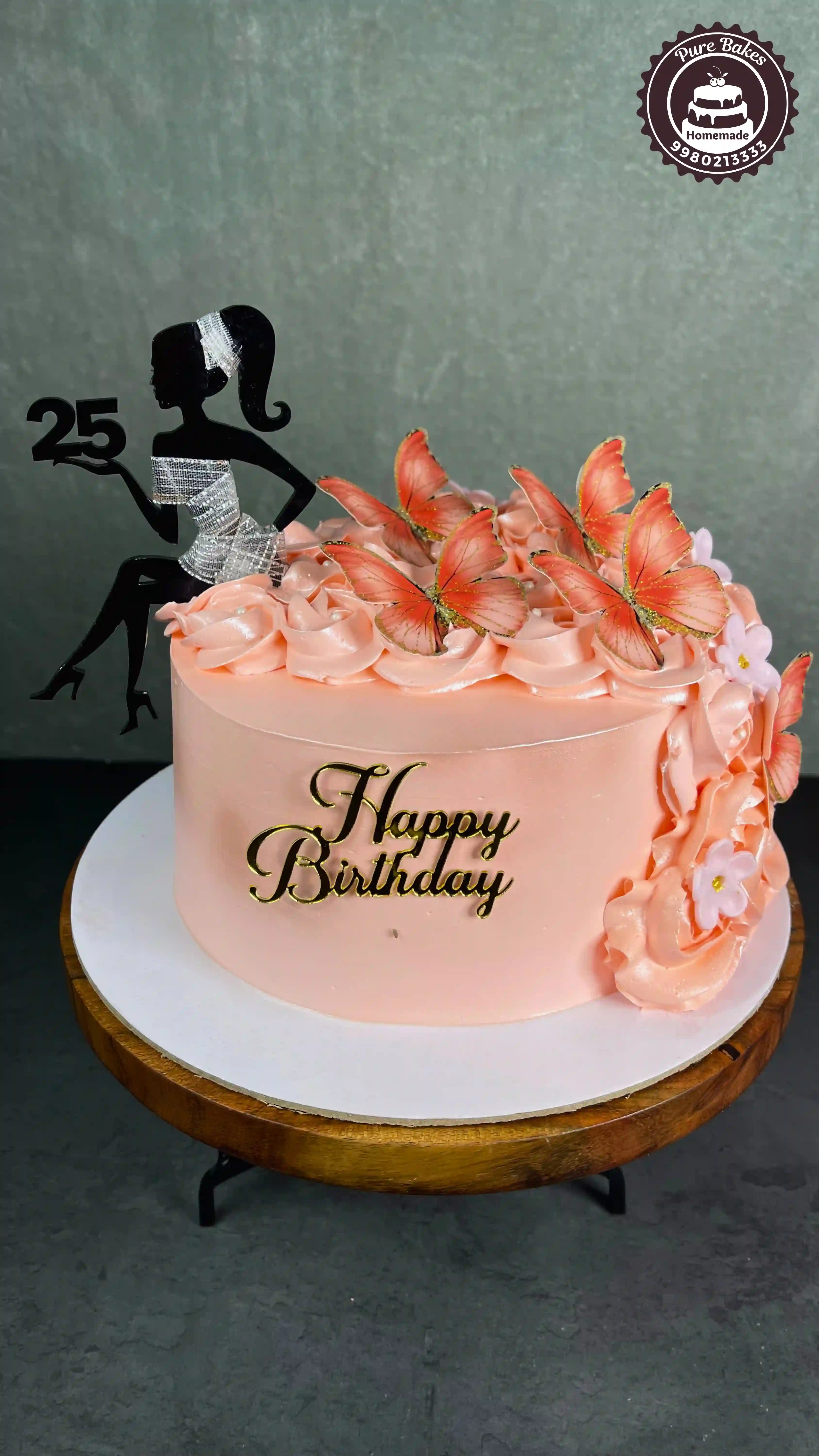 Butterfly Theme 25th Birthday Cake with Pink Cream Design