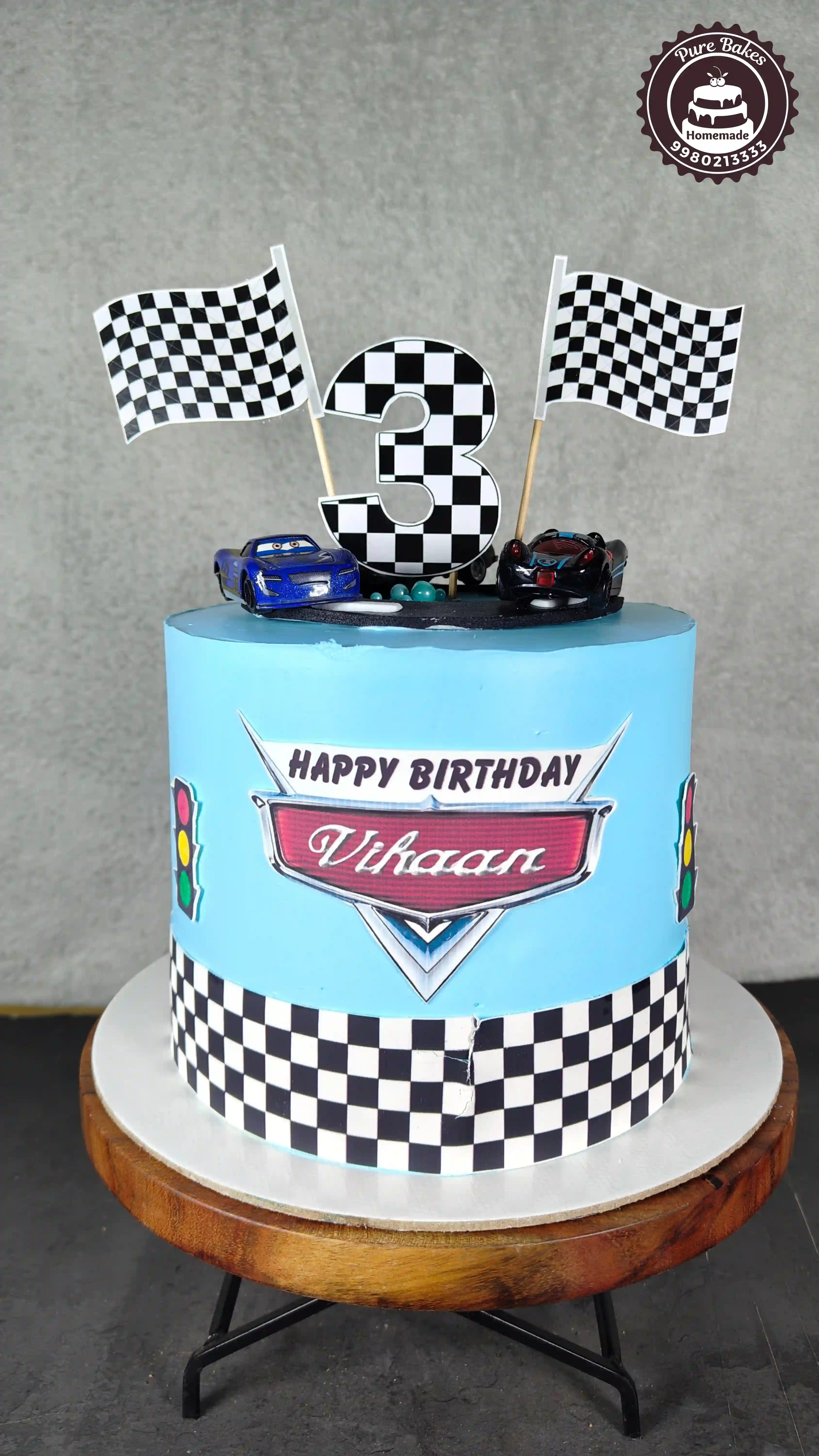 Cars Racing Birthday Cake with Checkered Flag Toppers