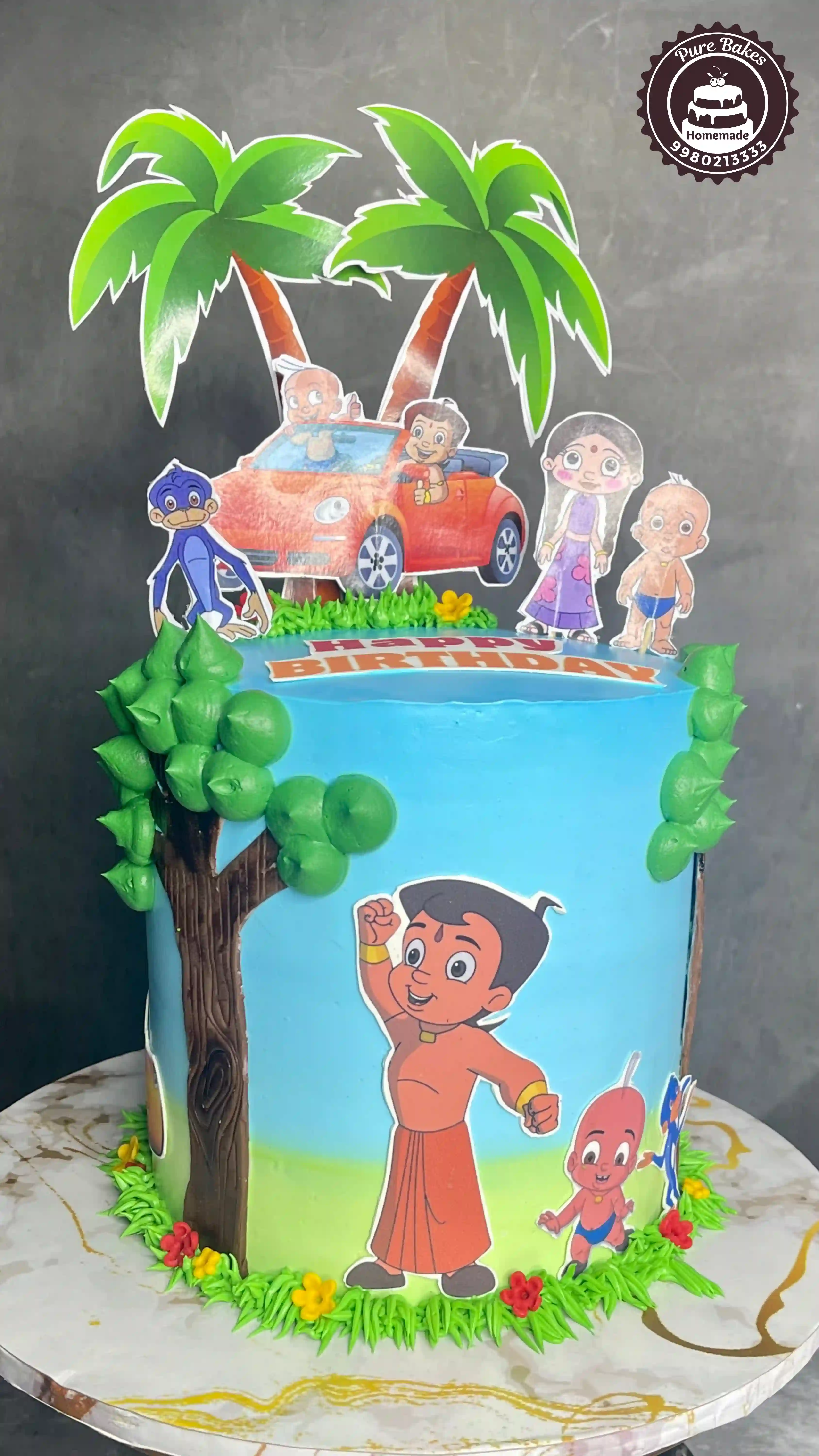 Chhota Bheem Theme Kids Birthday Cake with Palm Tree Design