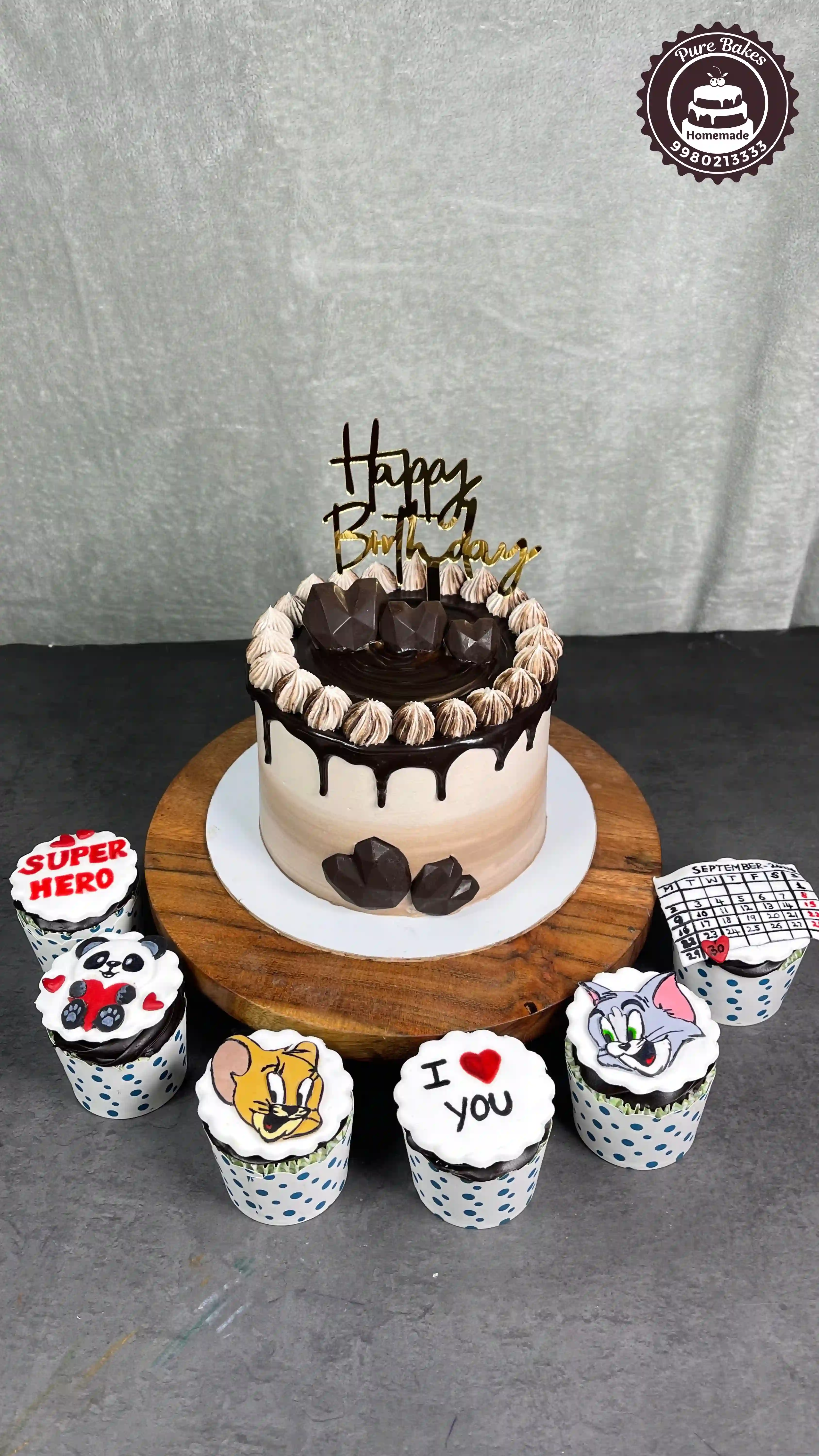 Chocolate Drip Birthday Cake With Cartoon Theme Cupcakes