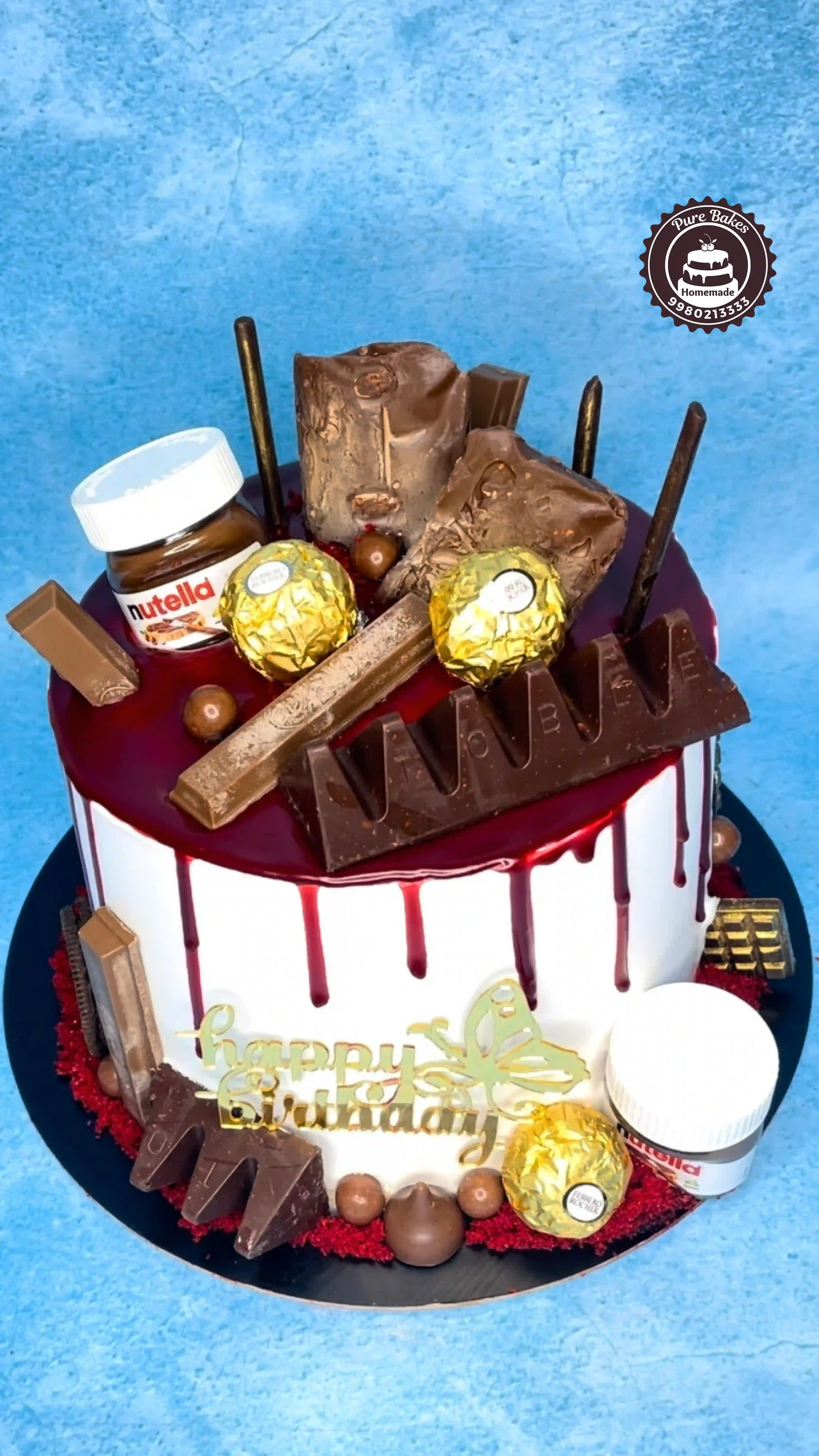 Chocolate Drip Birthday Cake with Nutella and Ferrero Toppings