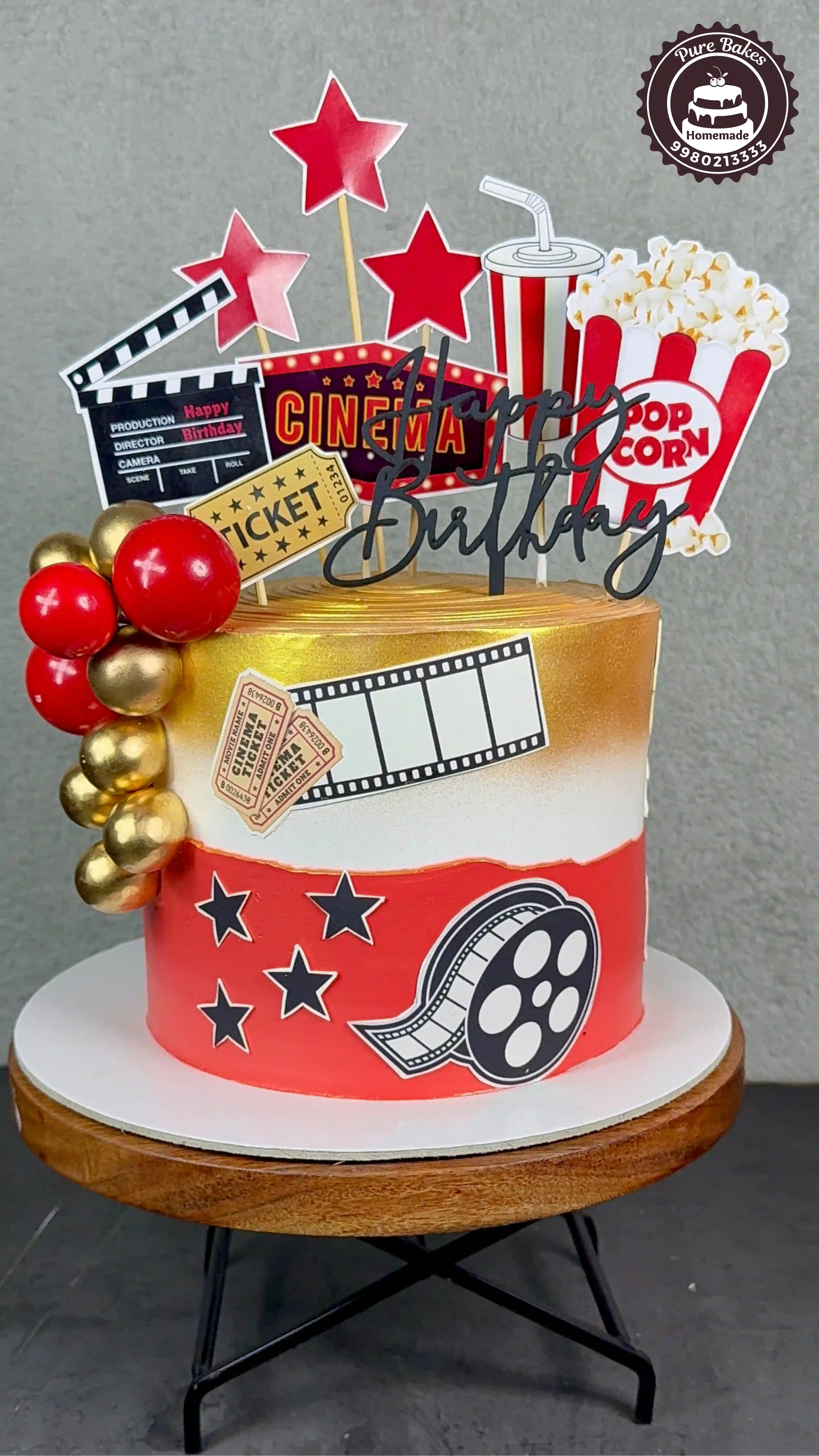 Cinema Theme Birthday Cake with Popcorn and Movie Decor