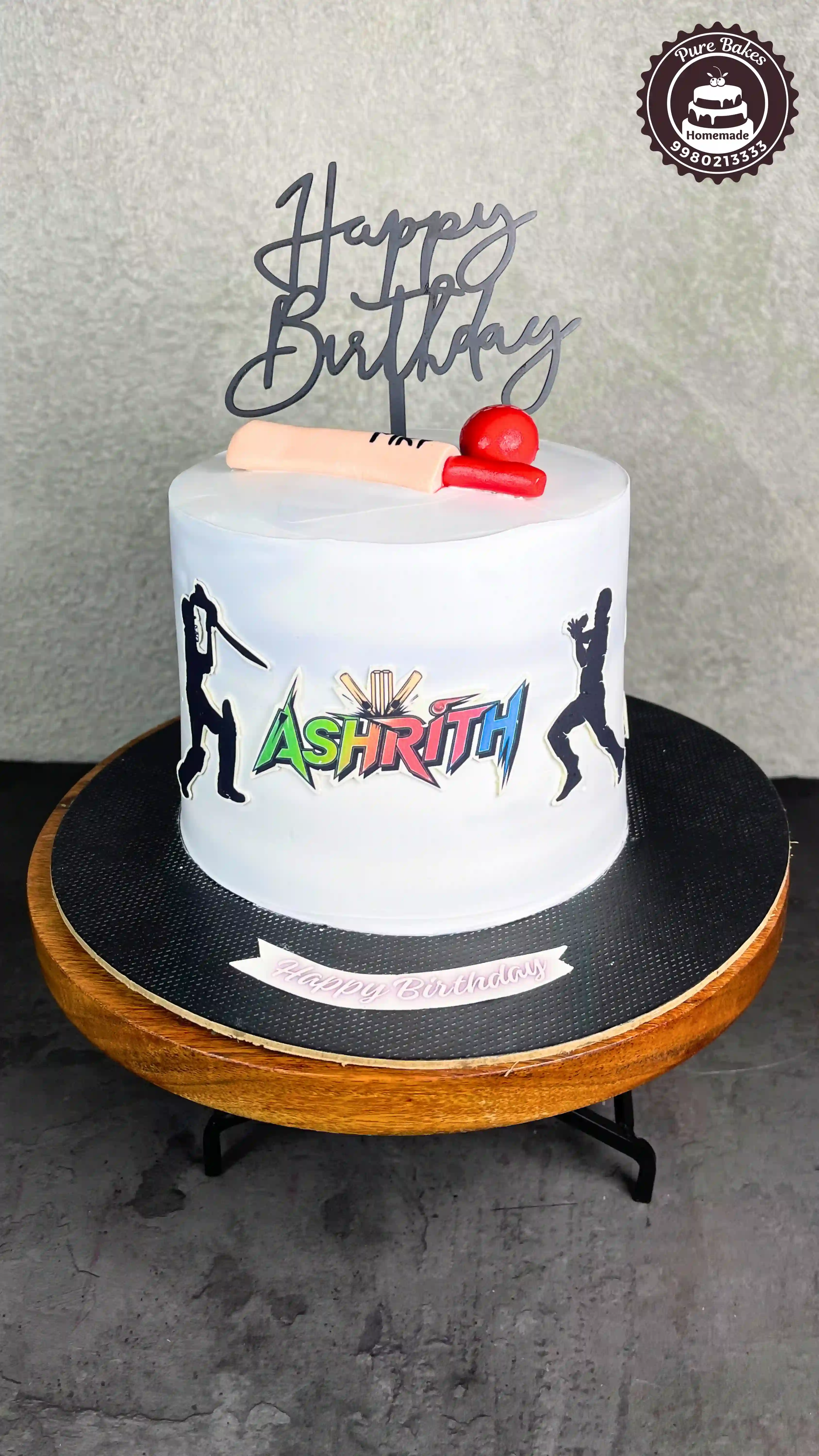 Cricket Theme Birthday Cake with Personalized Name Topper