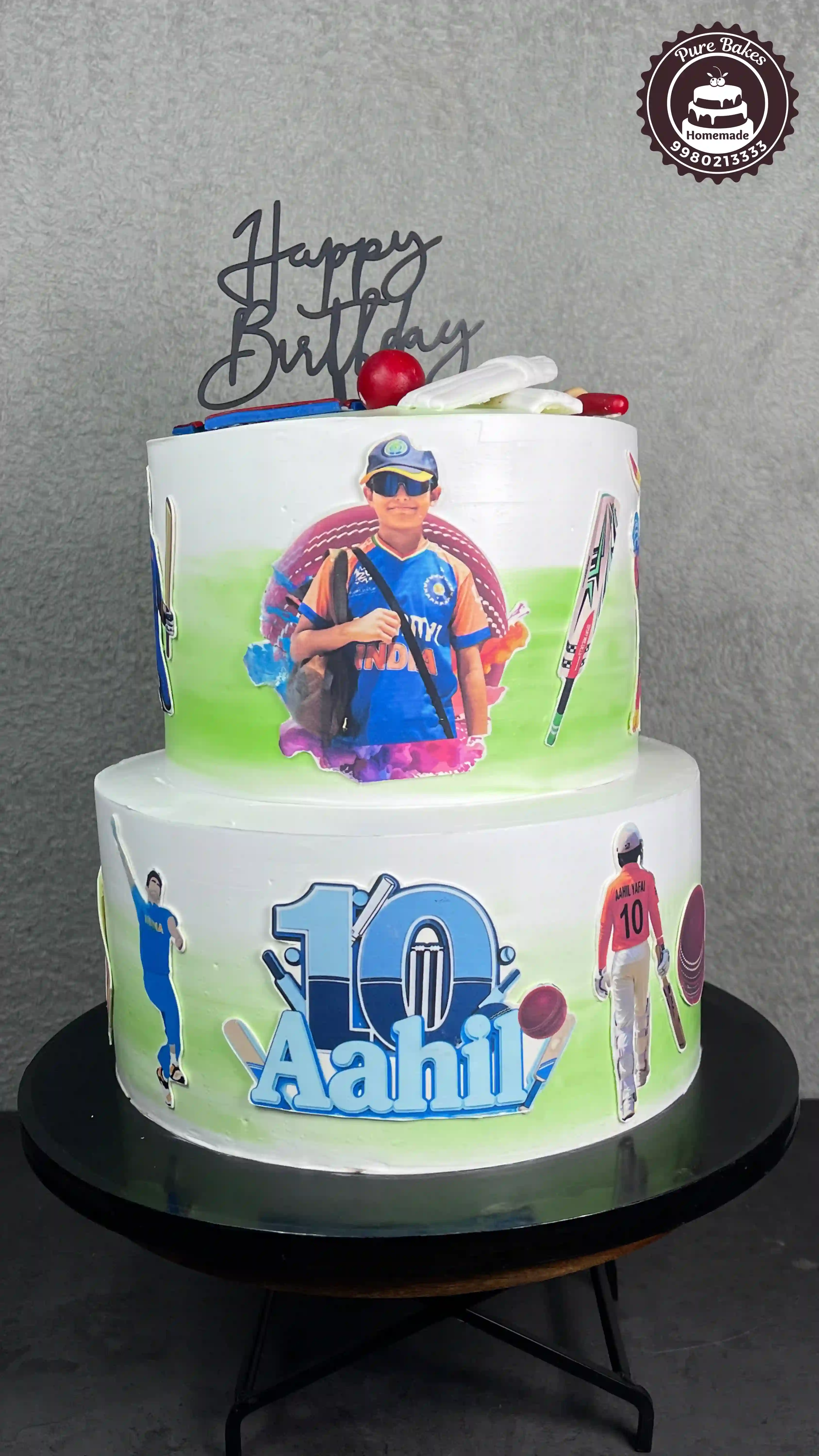 Cricket Theme Two Tier Birthday Cake for Kids Celebration