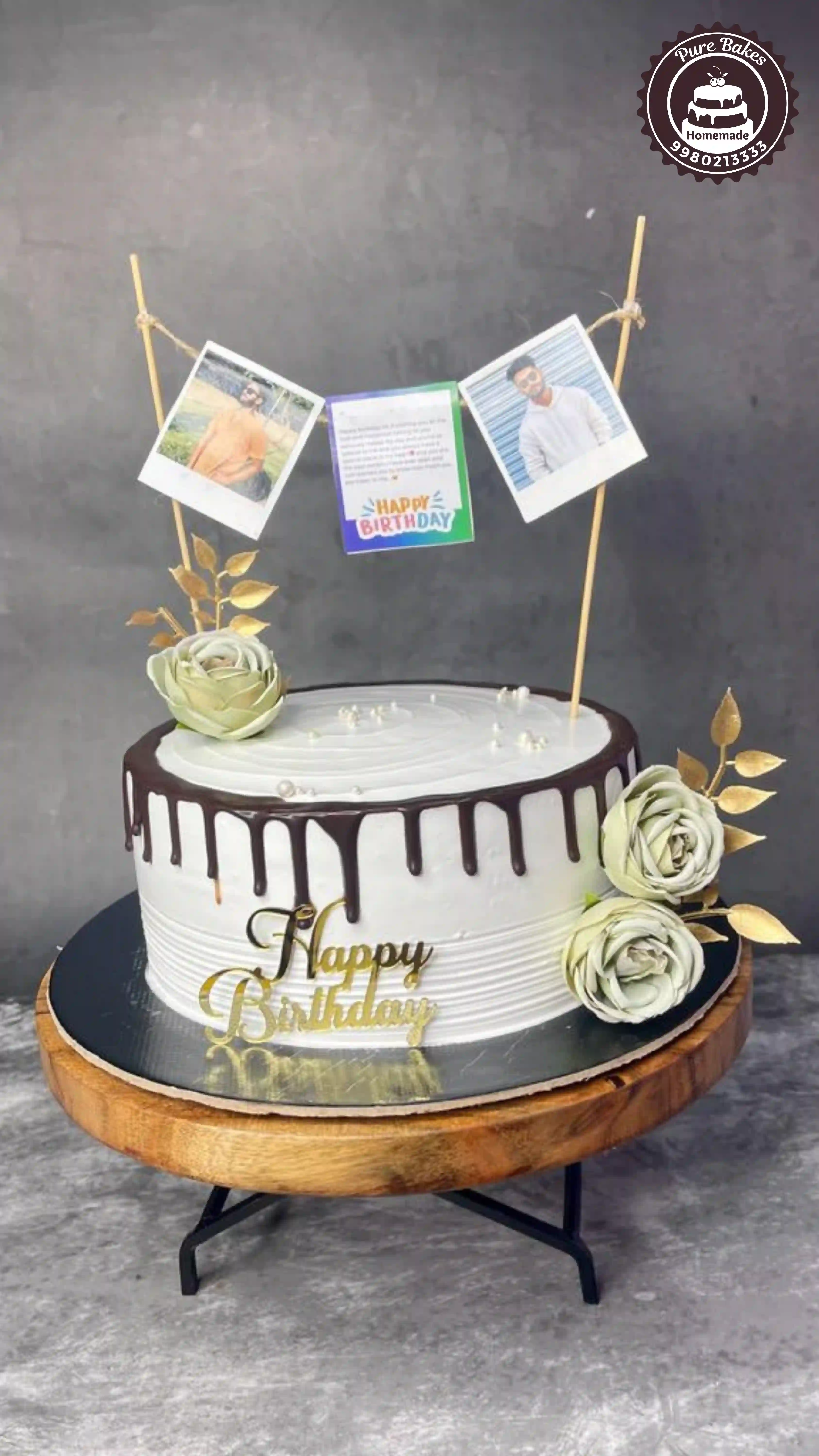 Custom Birthday Cake with Photo Memories and Chocolate Drip