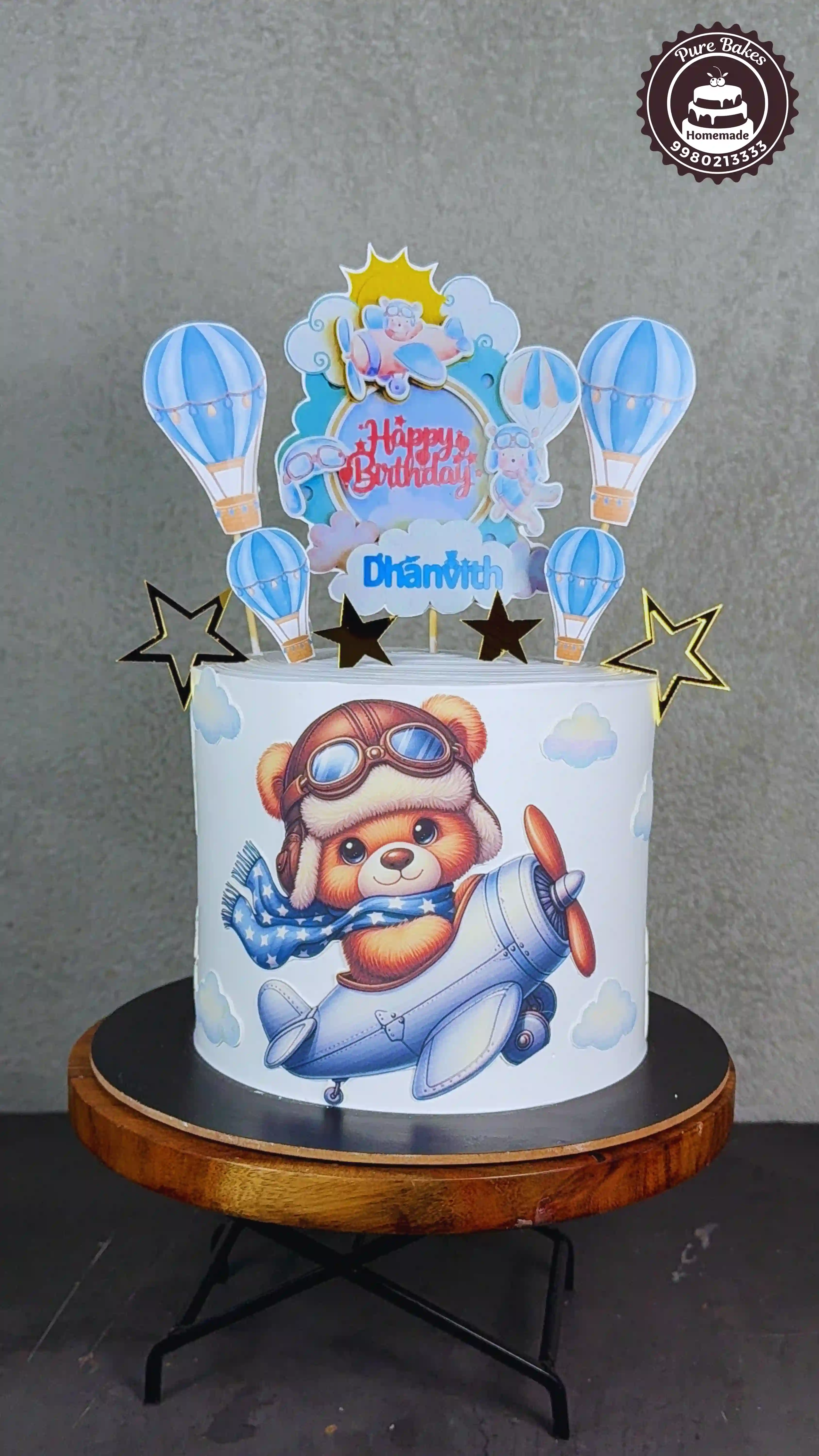 Cute Teddy Pilot Birthday Cake with Hot Air Balloons