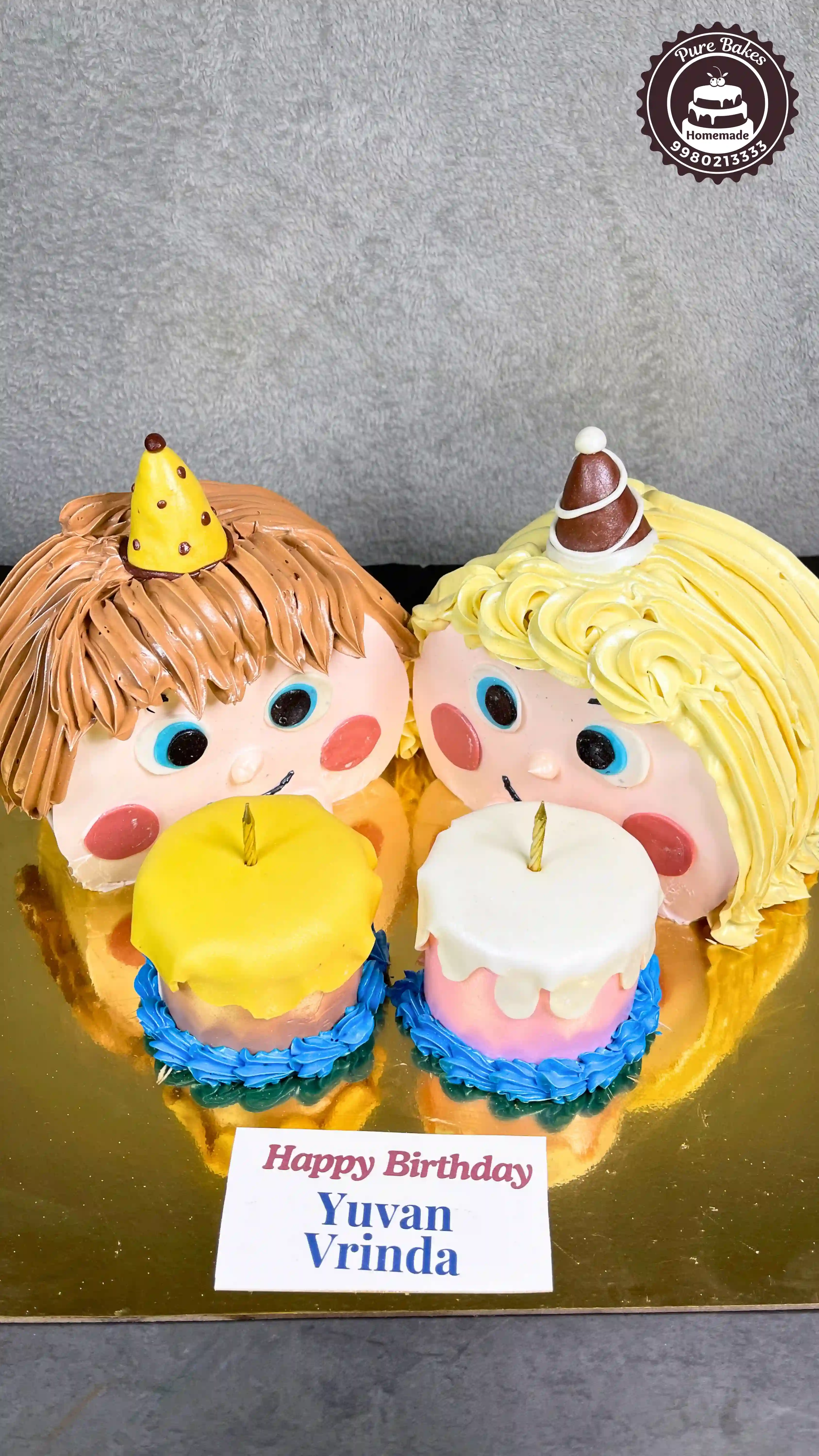 Cute Twin Kids Birthday Cake With Cartoon Faces