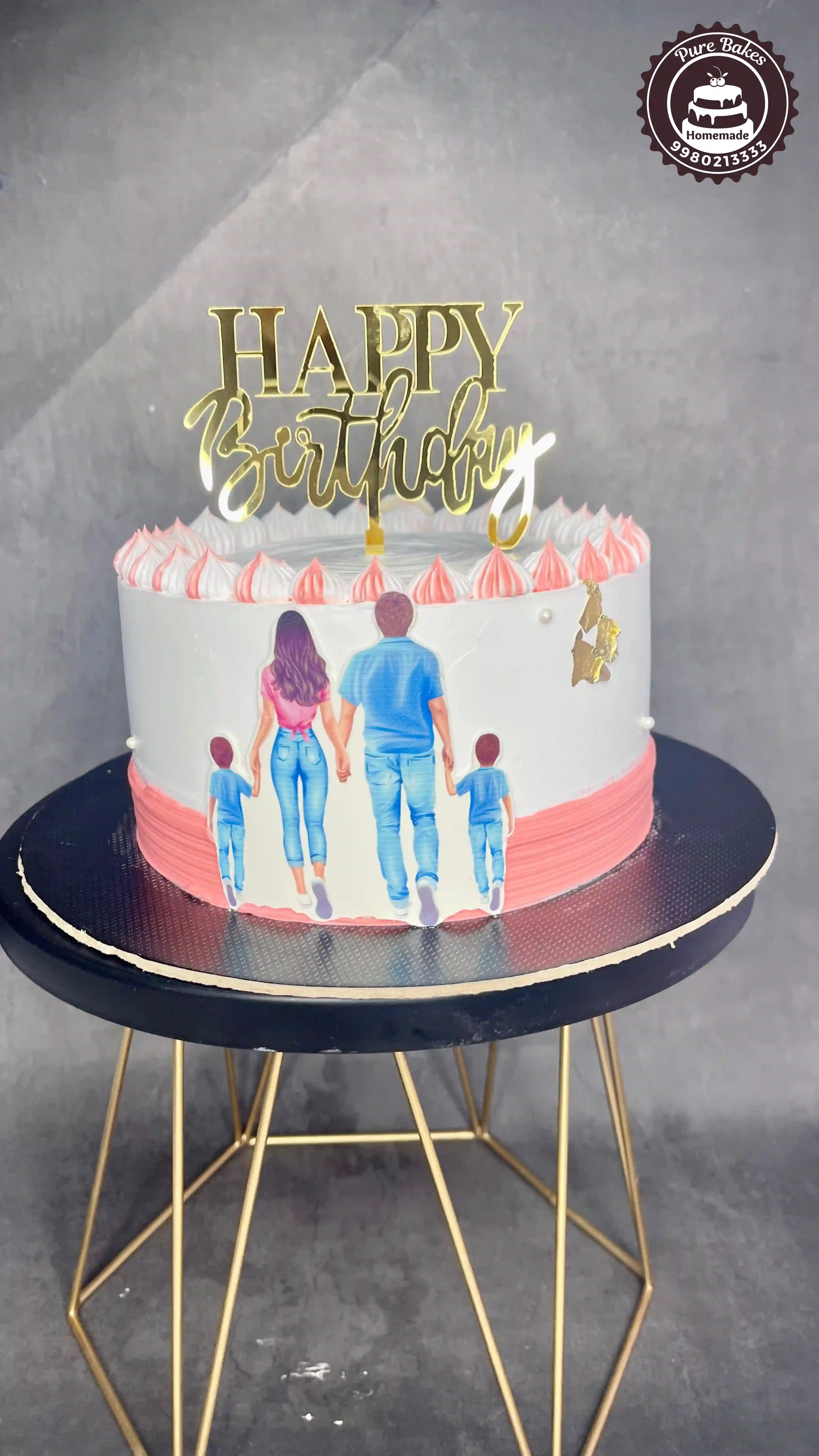 Family Theme Birthday Cake with Custom Couple Illustration