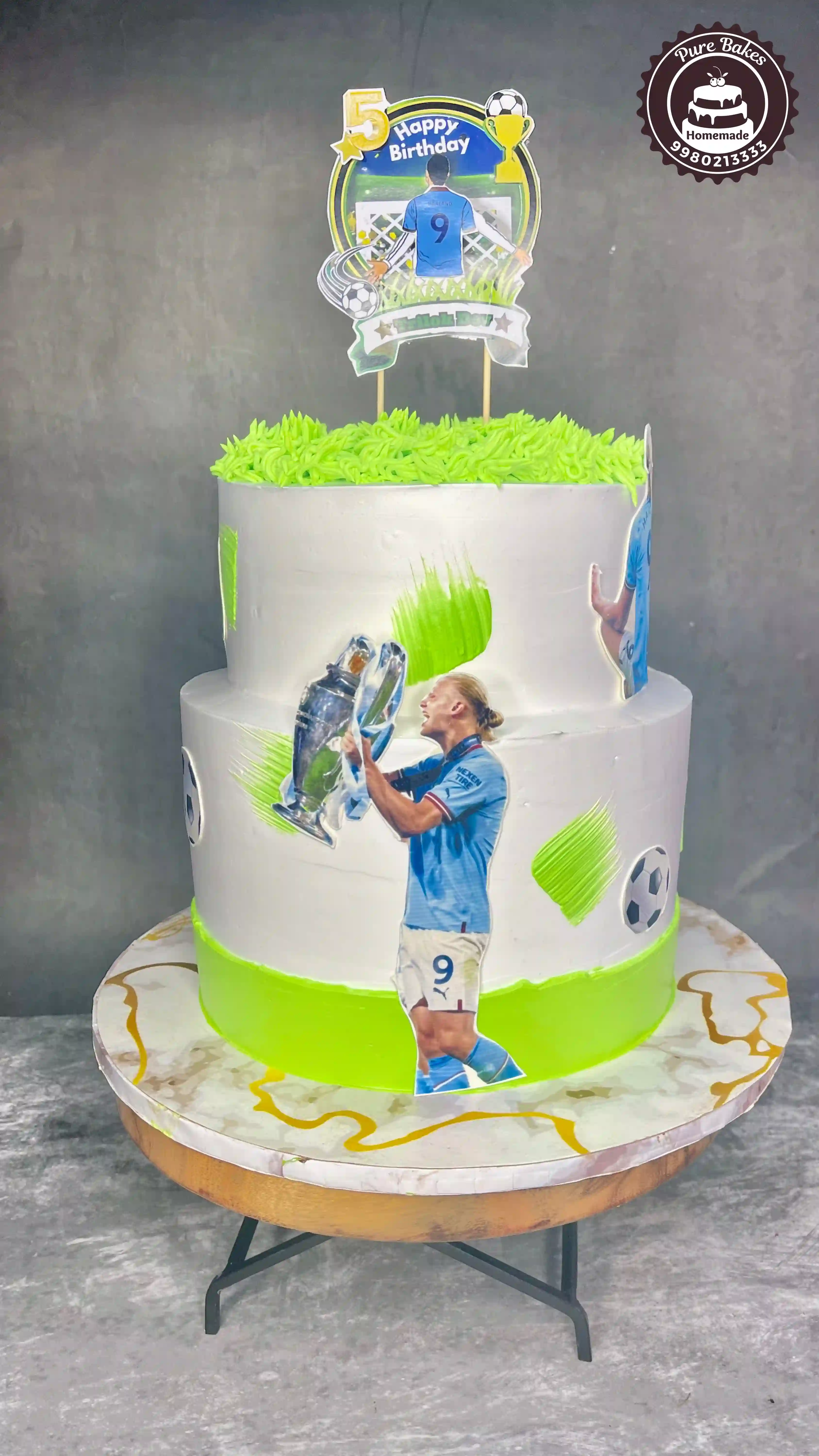 Football Theme Birthday Cake with Player Trophy Design