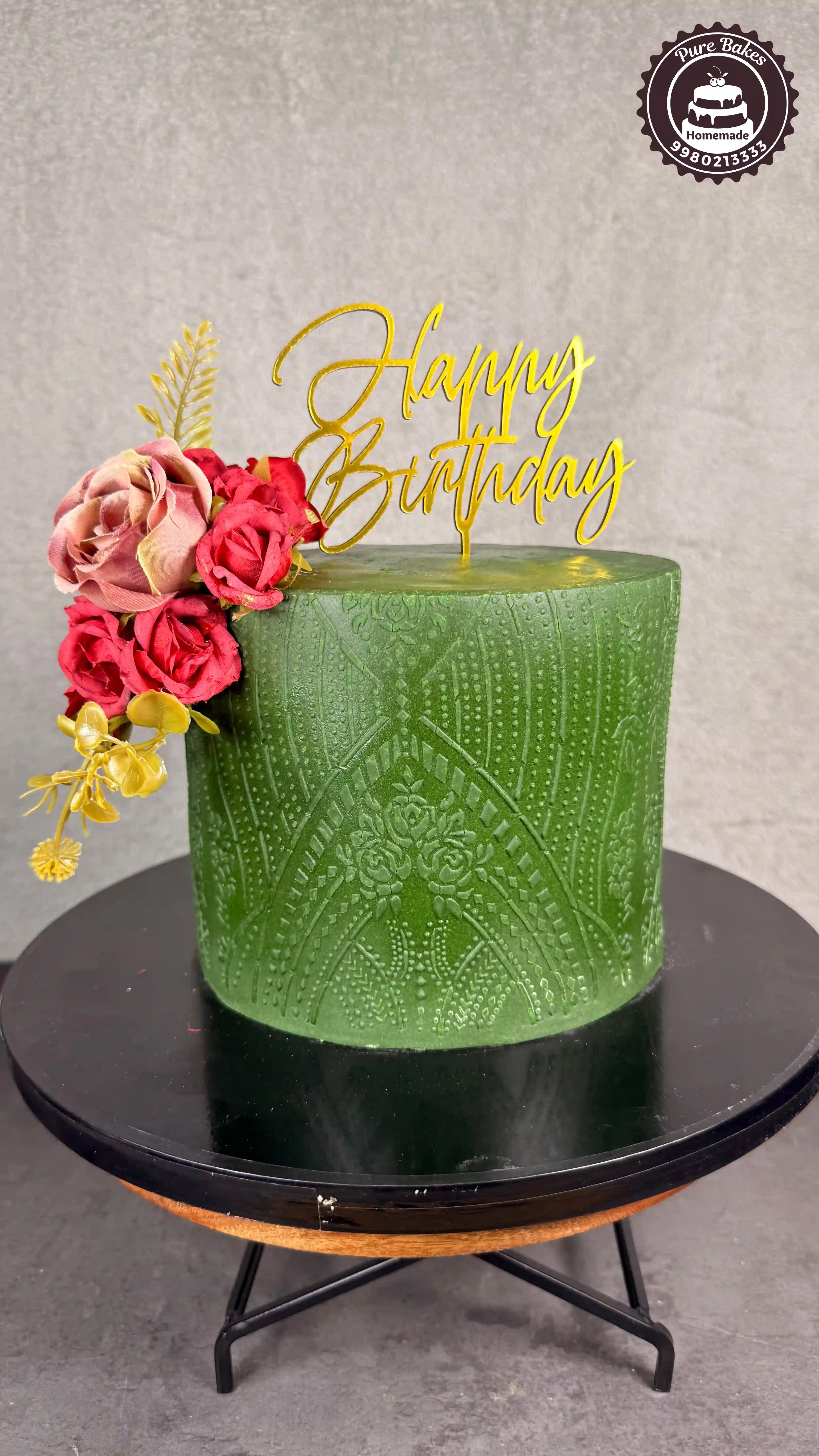 Forest Green Textured Birthday Cake with Golden Topper