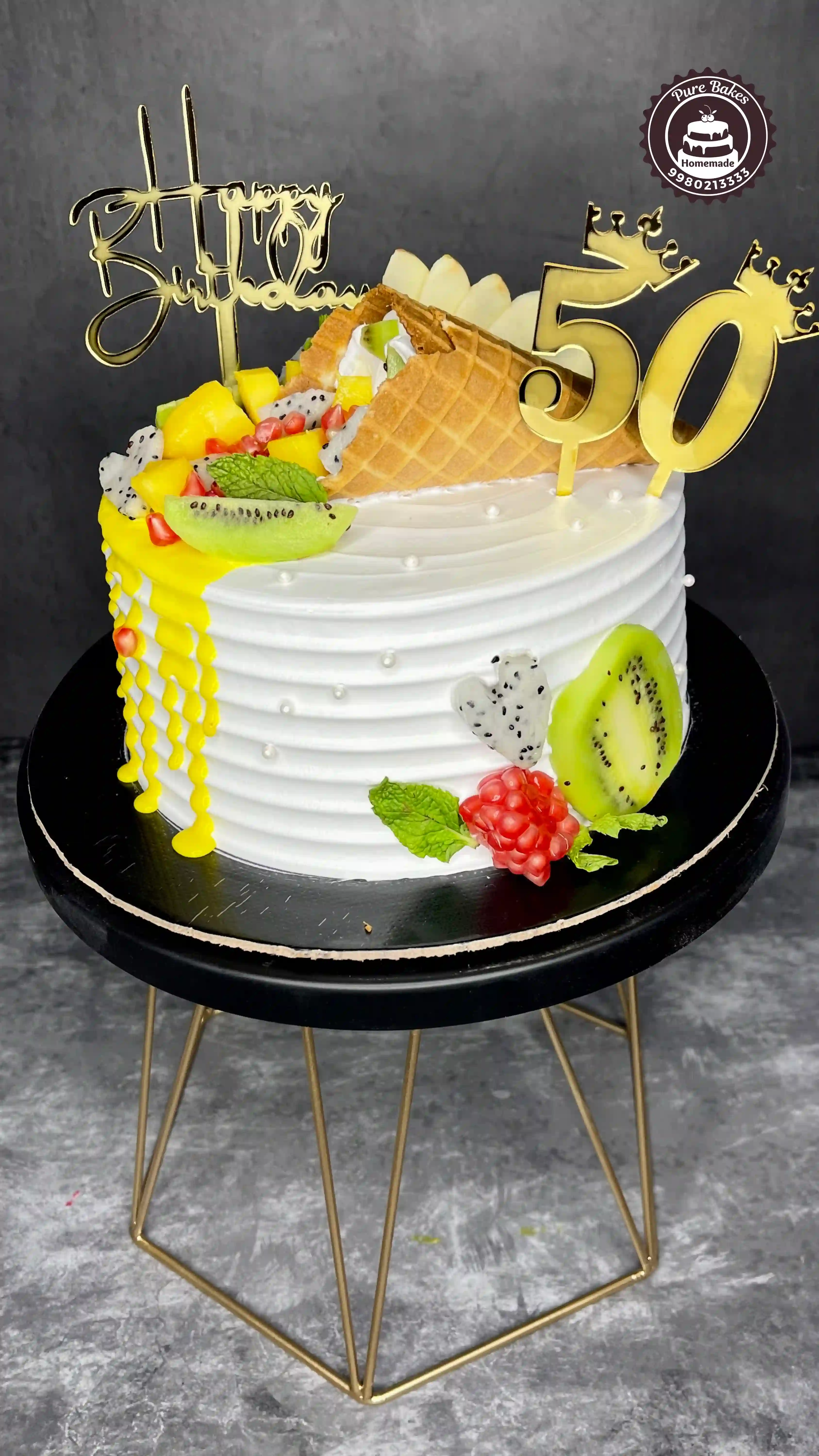 Fresh Fruit Drip Birthday Cake with Golden Fifty Topper