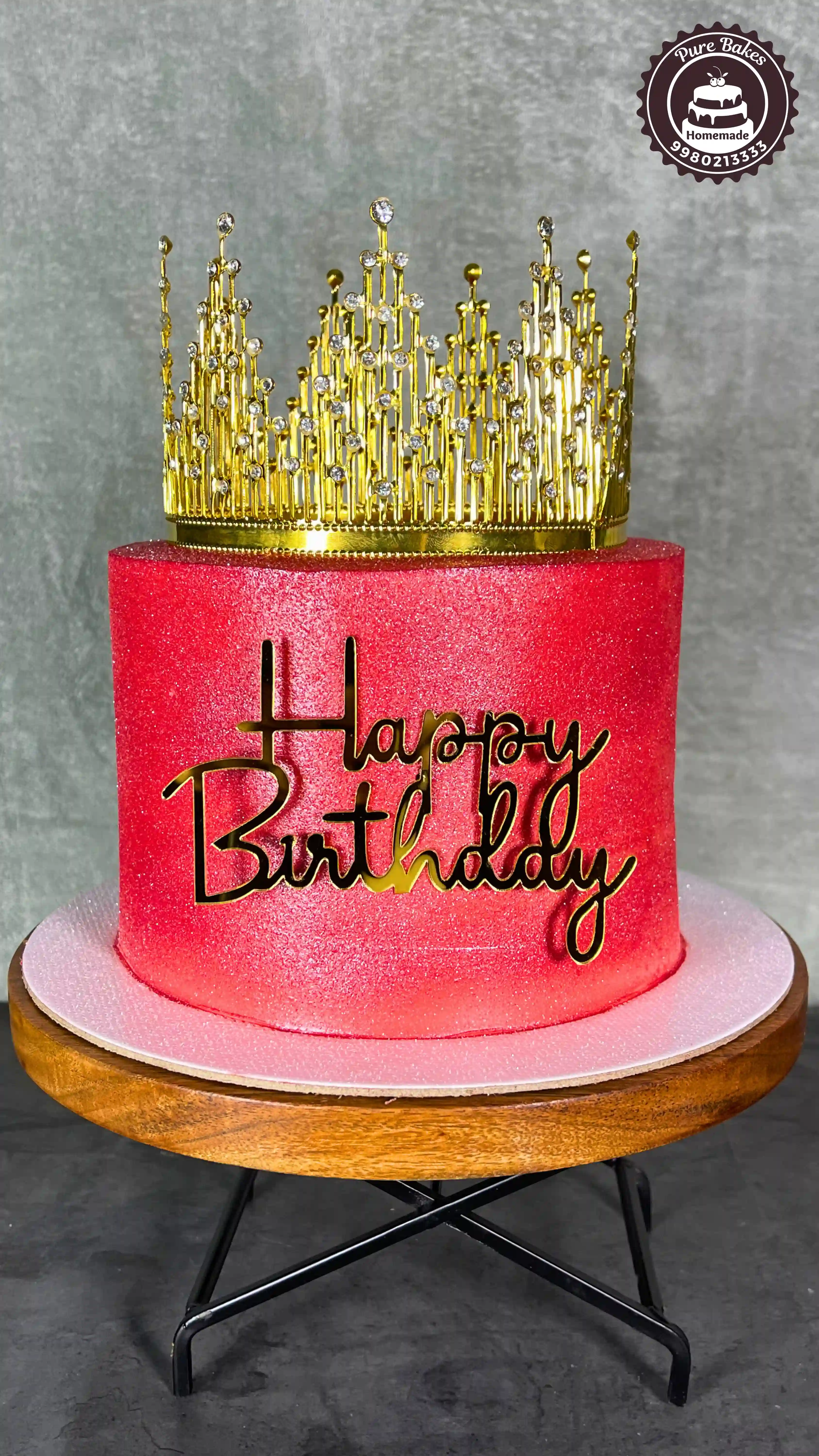 Glitter Pink Crown Birthday Cake with Golden Topper