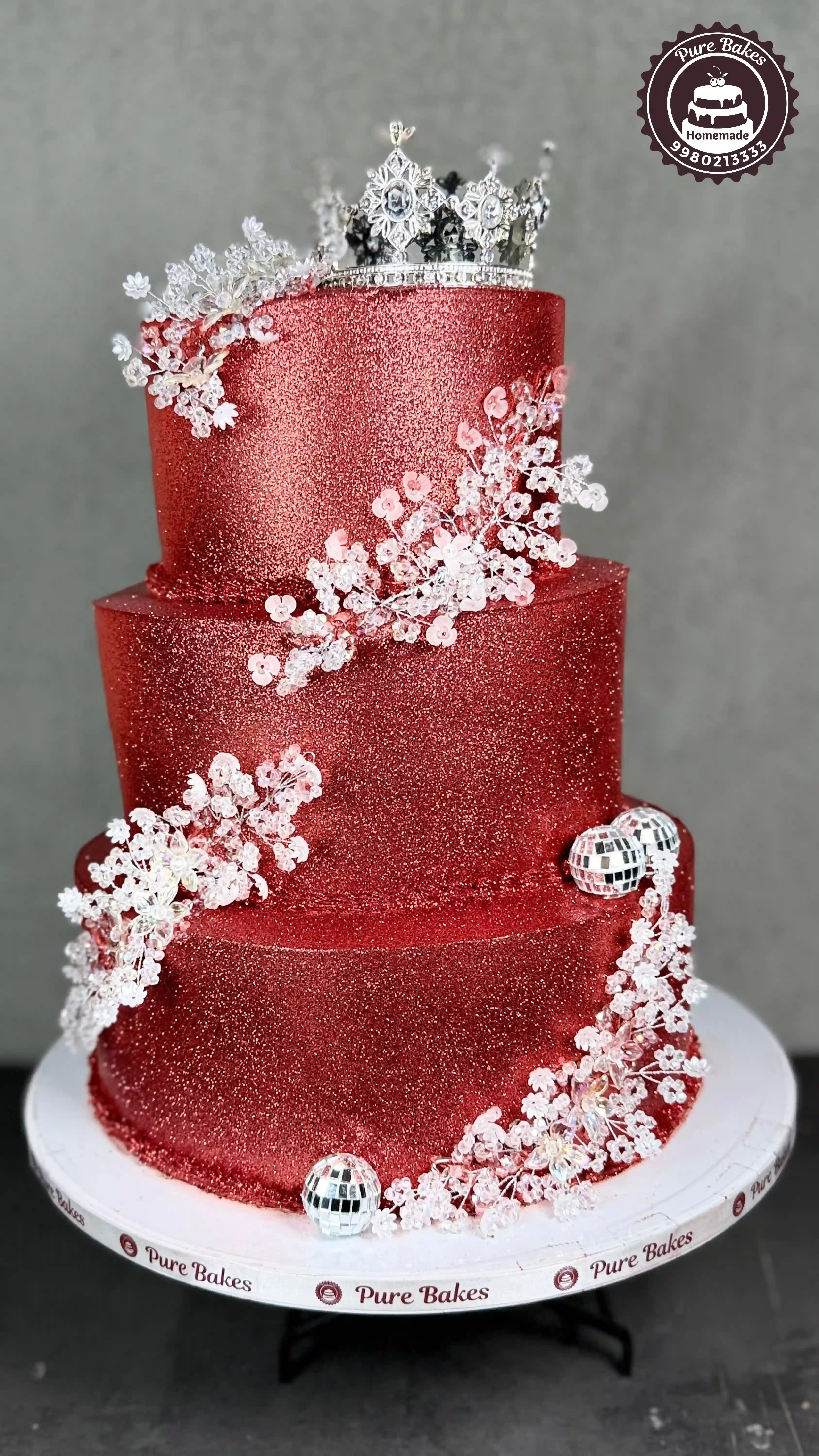 Glitter Red Tiered Birthday Cake with Crown Theme