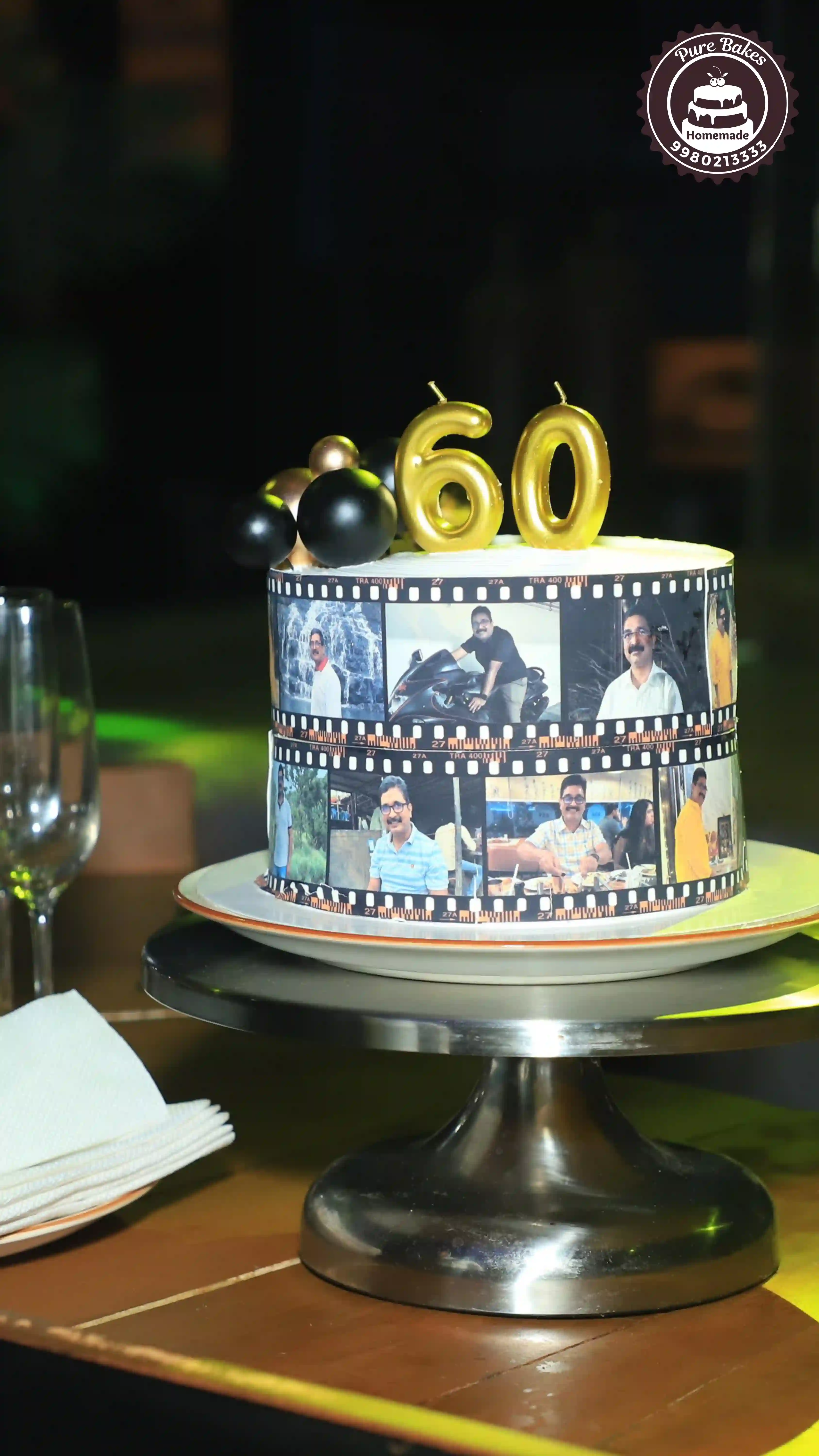 Golden Number Sixty Birthday Cake With Photo Collage Theme