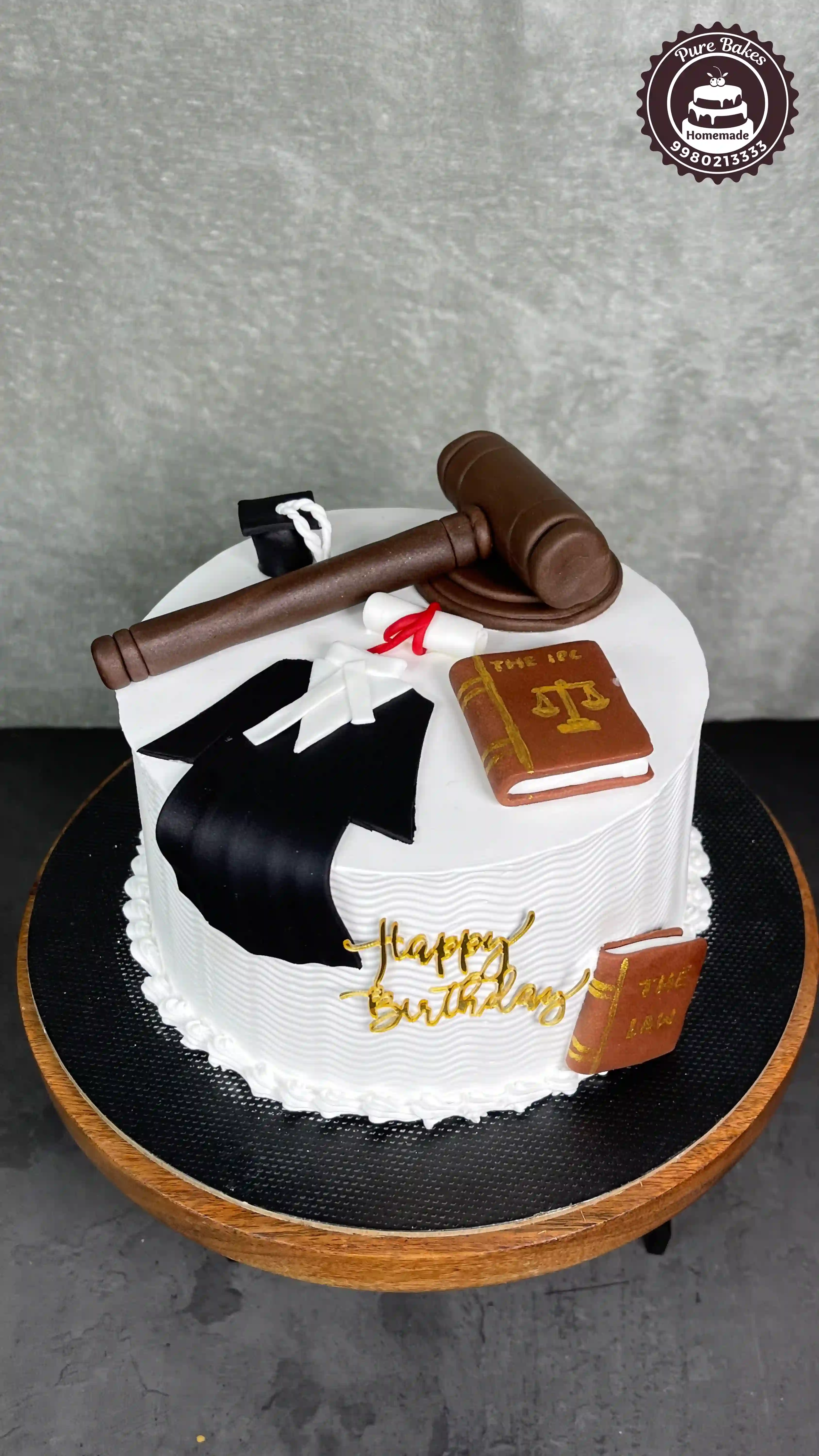 Graduation Theme Cake with Gavel and Law Book Topper