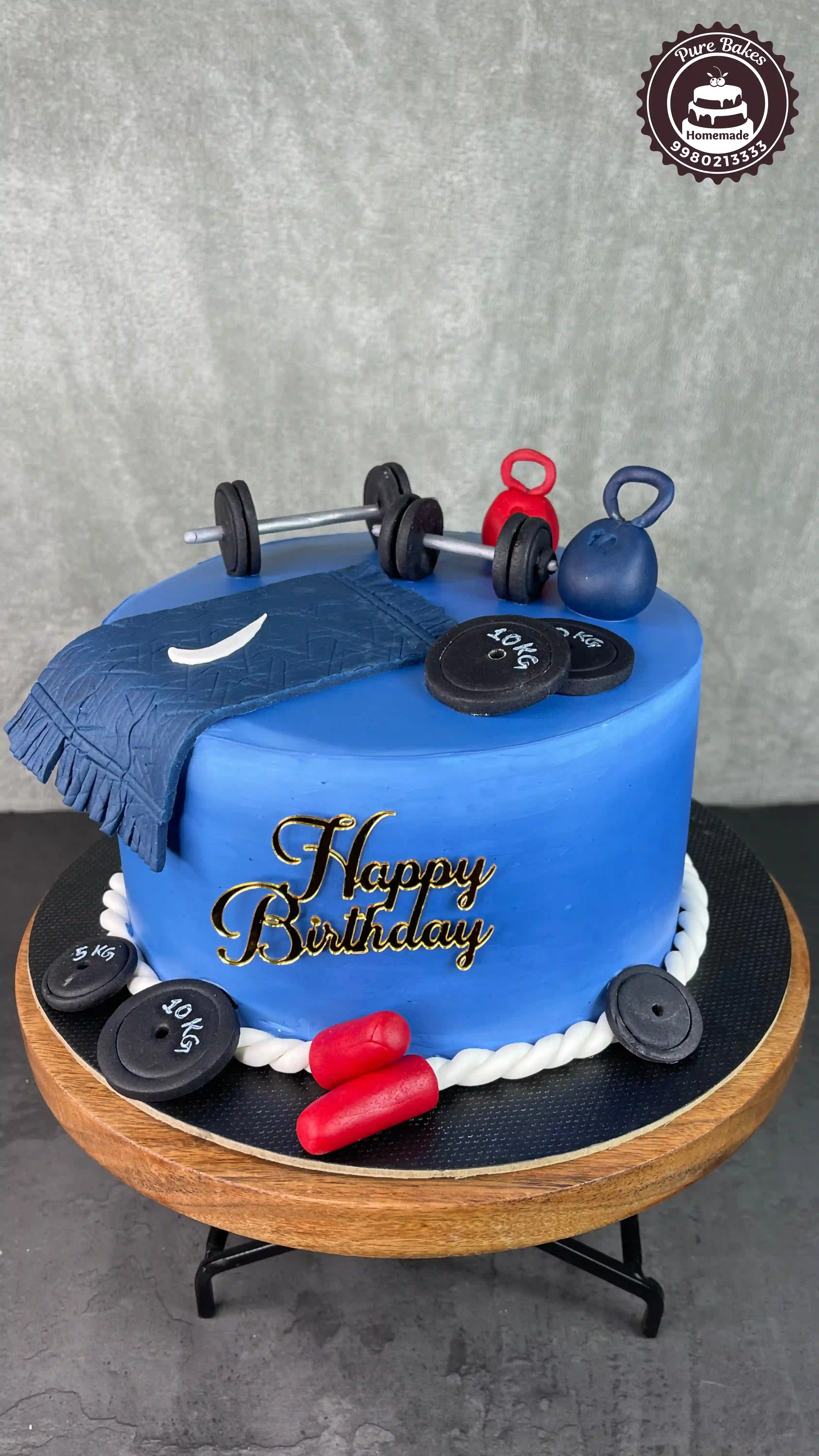 Gym Workout Theme Birthday Cake with Dumbbells and Kettlebells
