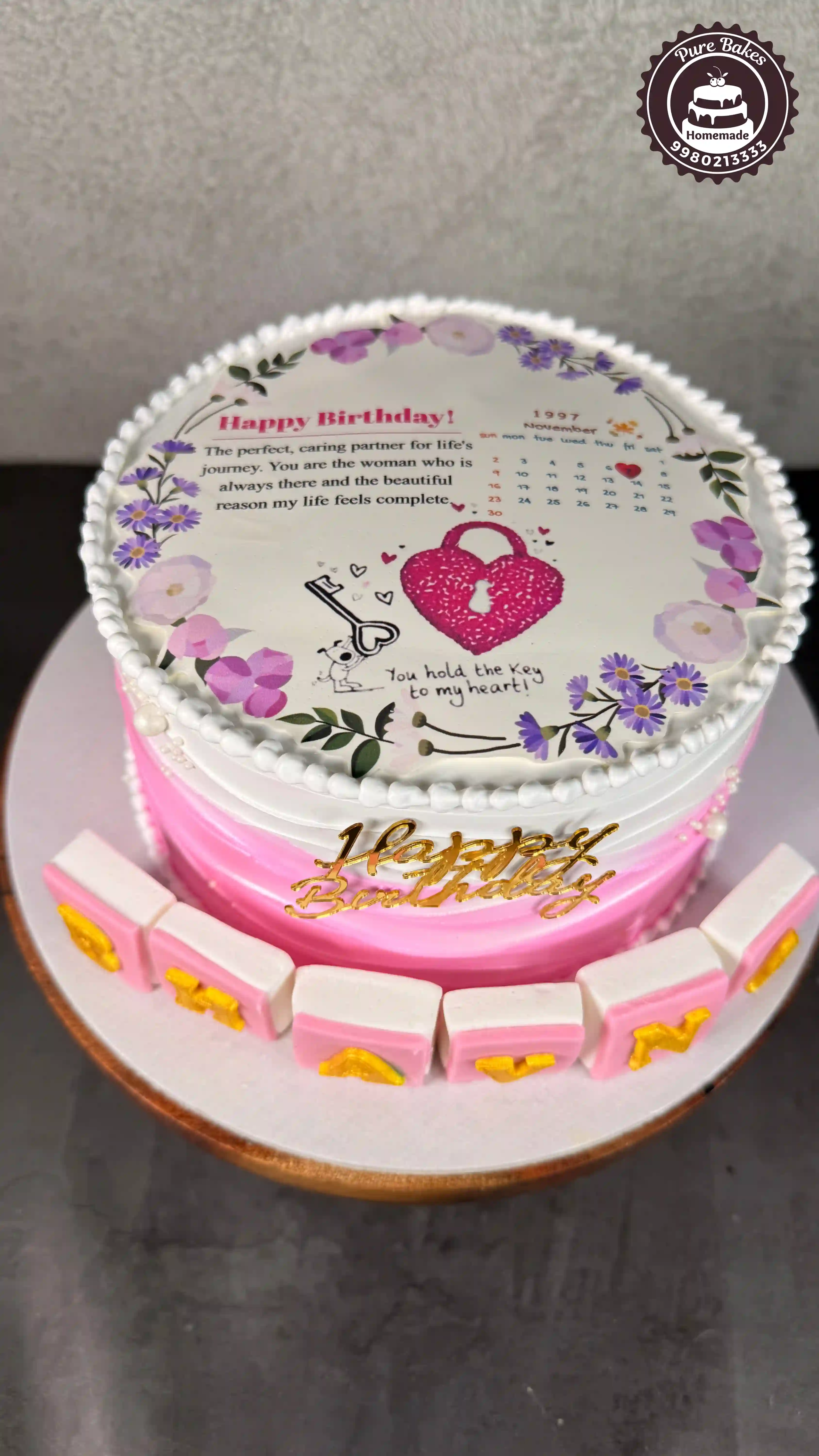 Heart Theme Birthday Cake with Personalized Calendar Print