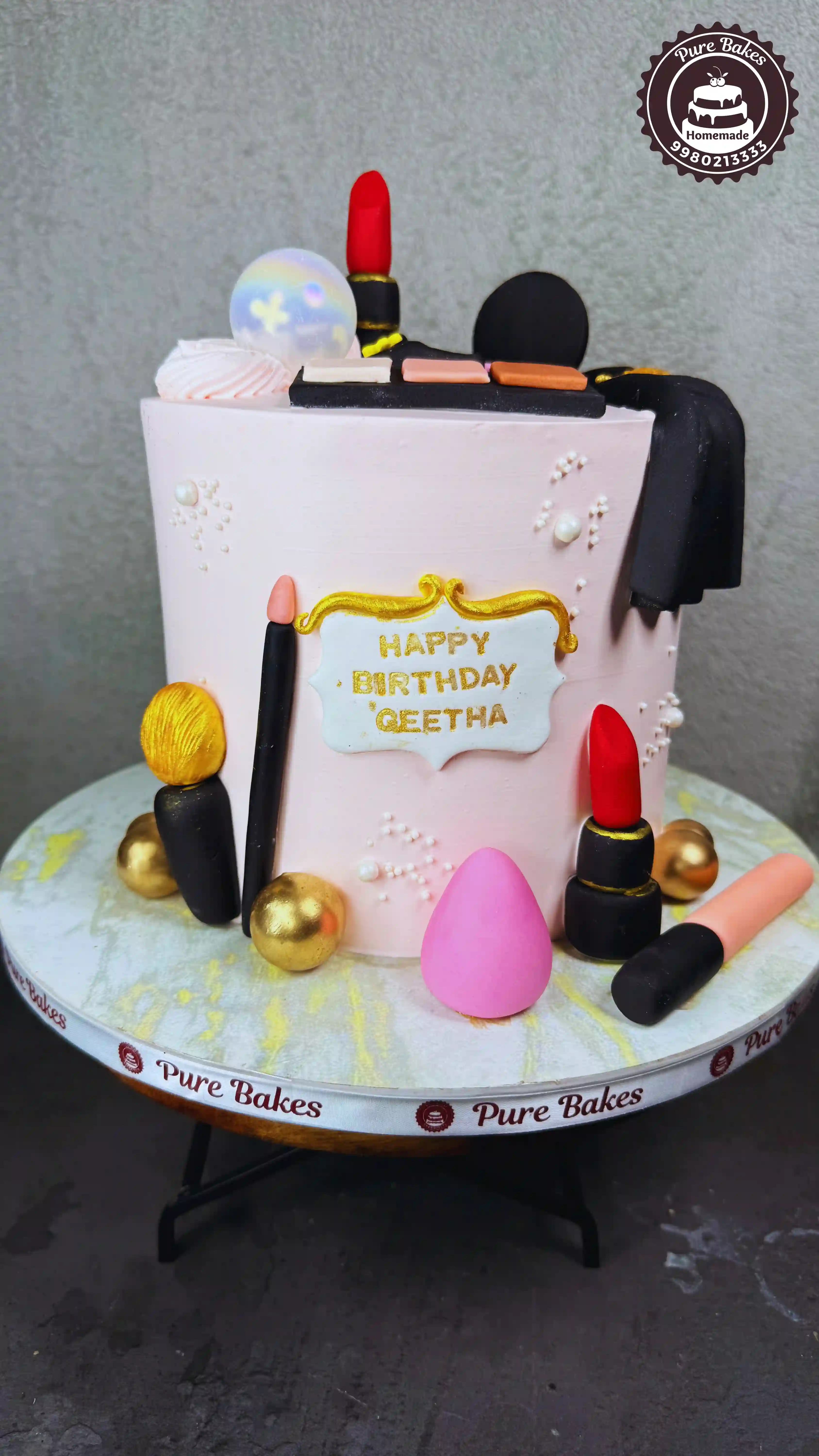 Makeup Theme Birthday Cake with Lipstick and Beauty Accessories