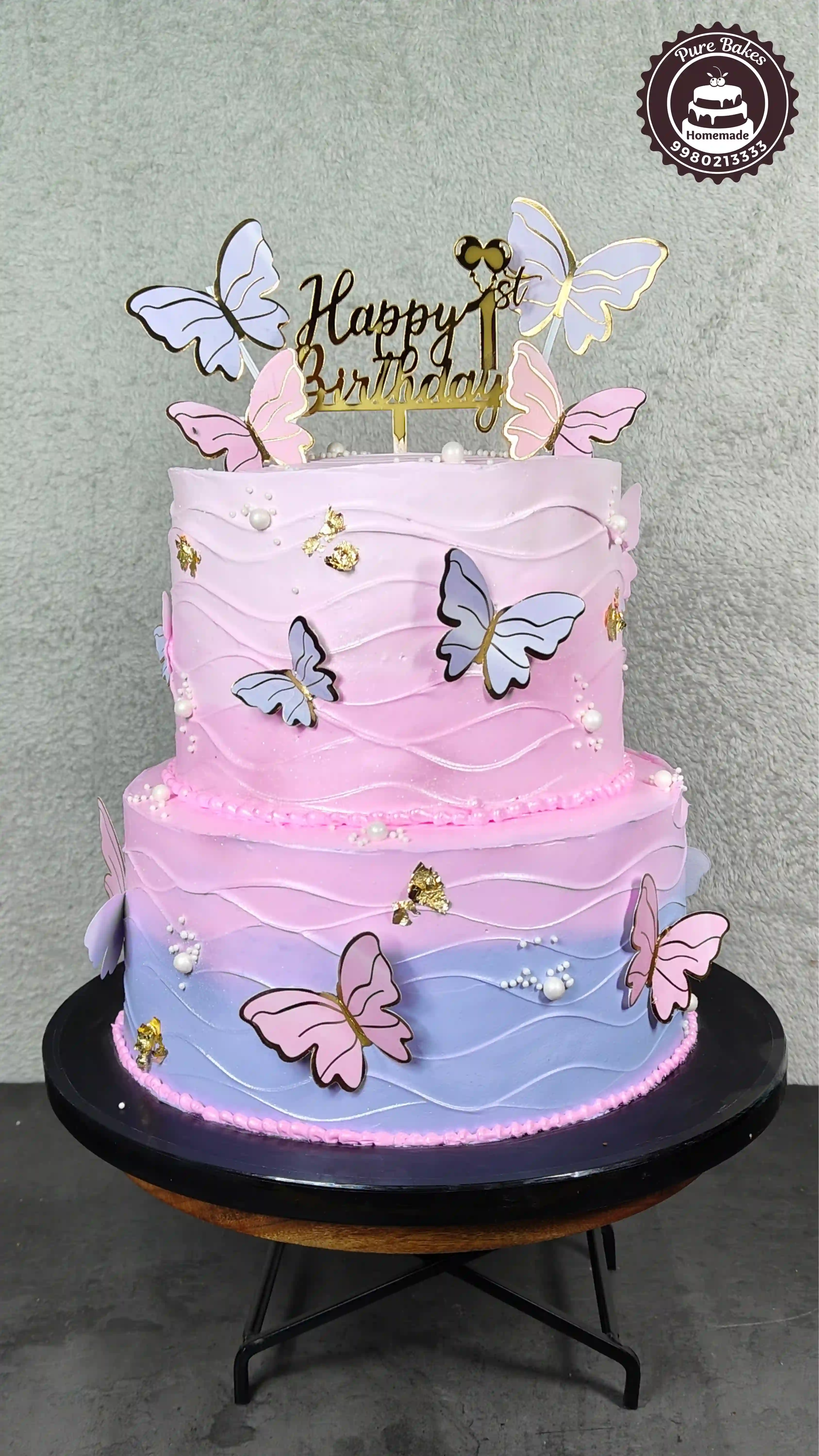 Pastel Butterfly Birthday Cake with Gold Accents and Pearls