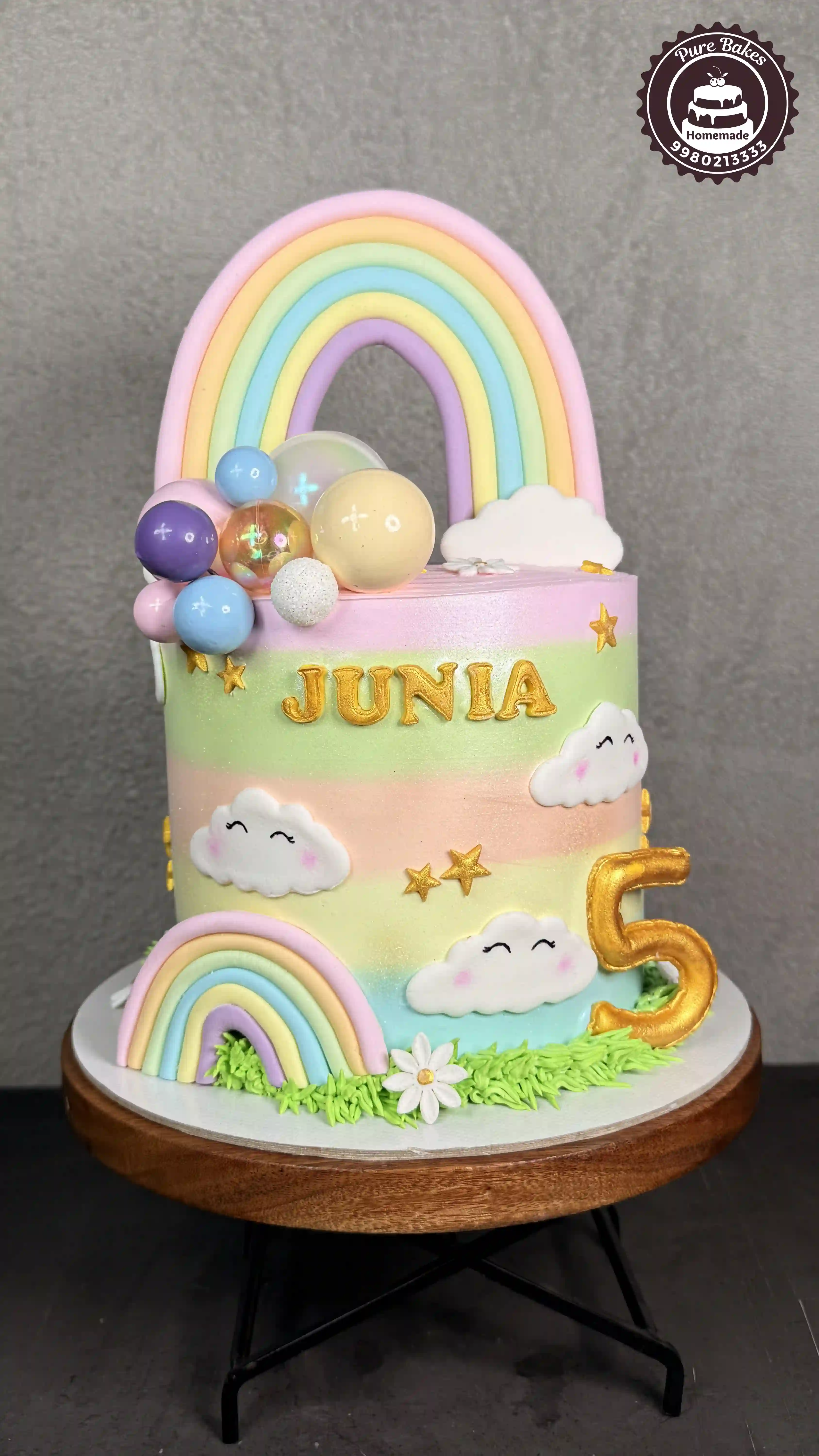 Pastel Rainbow Theme Birthday Cake with Clouds and Stars