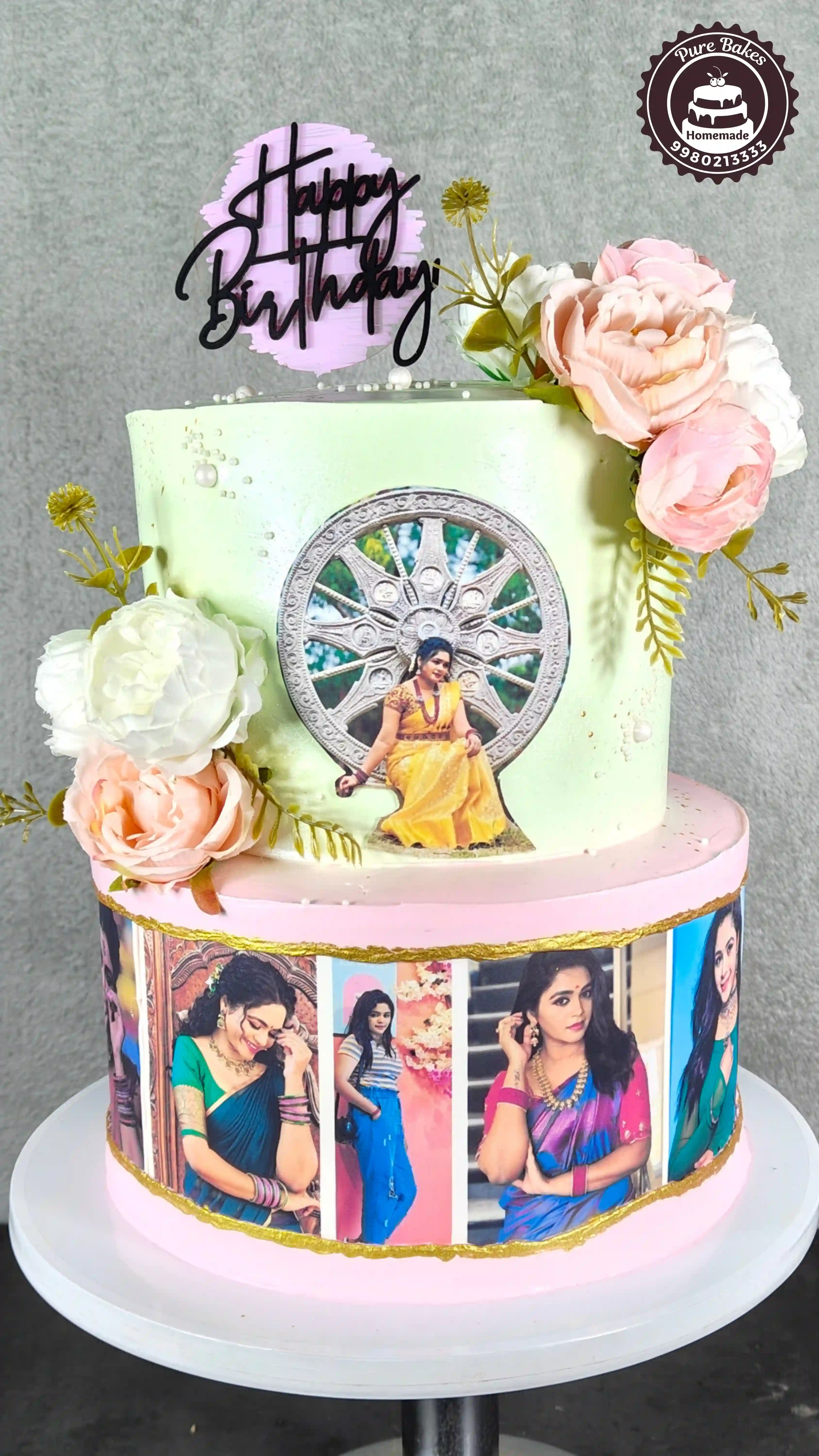 Personalized Photo Birthday Cake with Fresh Blossom Decorations