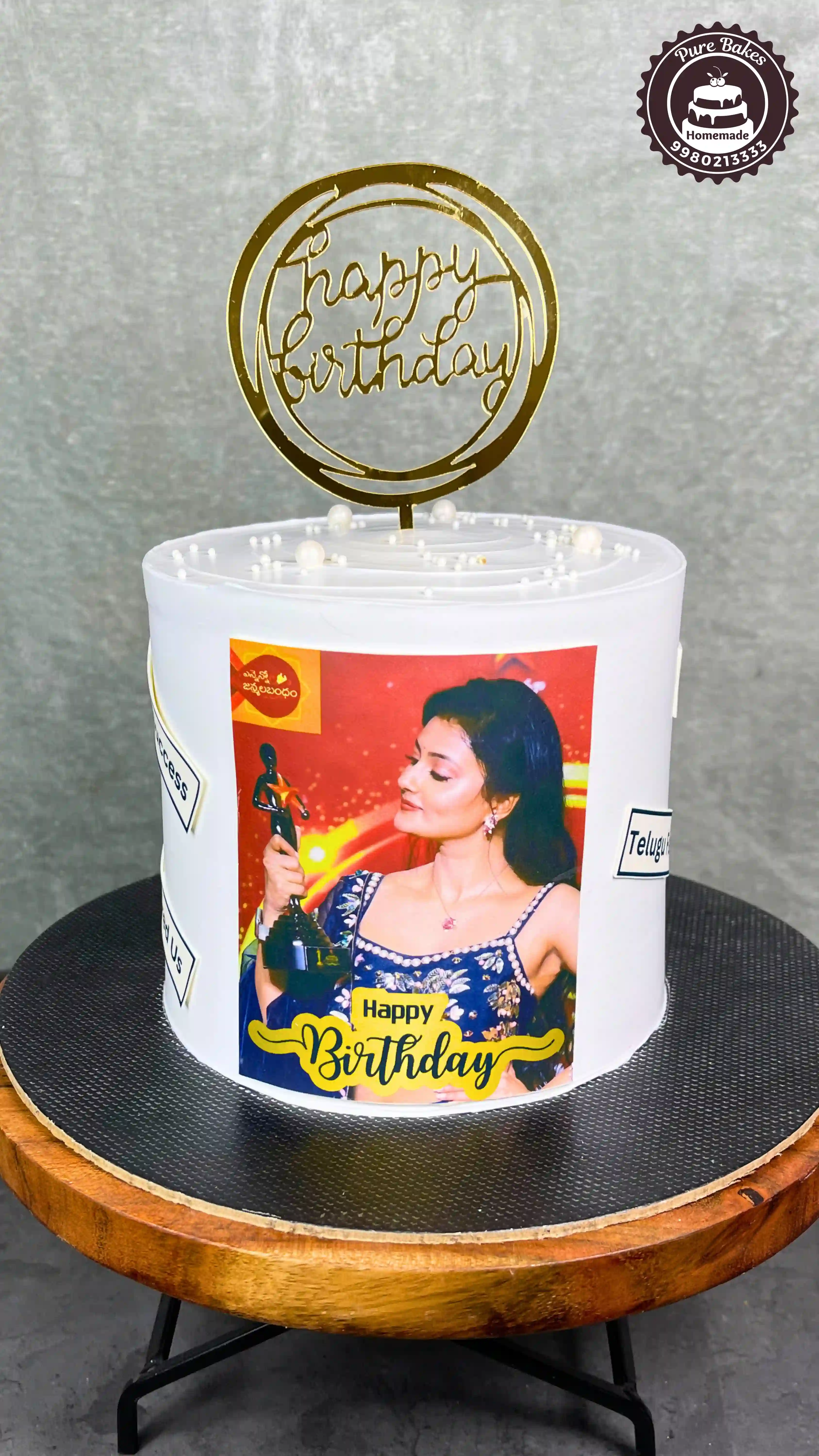 Personalized Photo Birthday Cake with Golden Topper Design