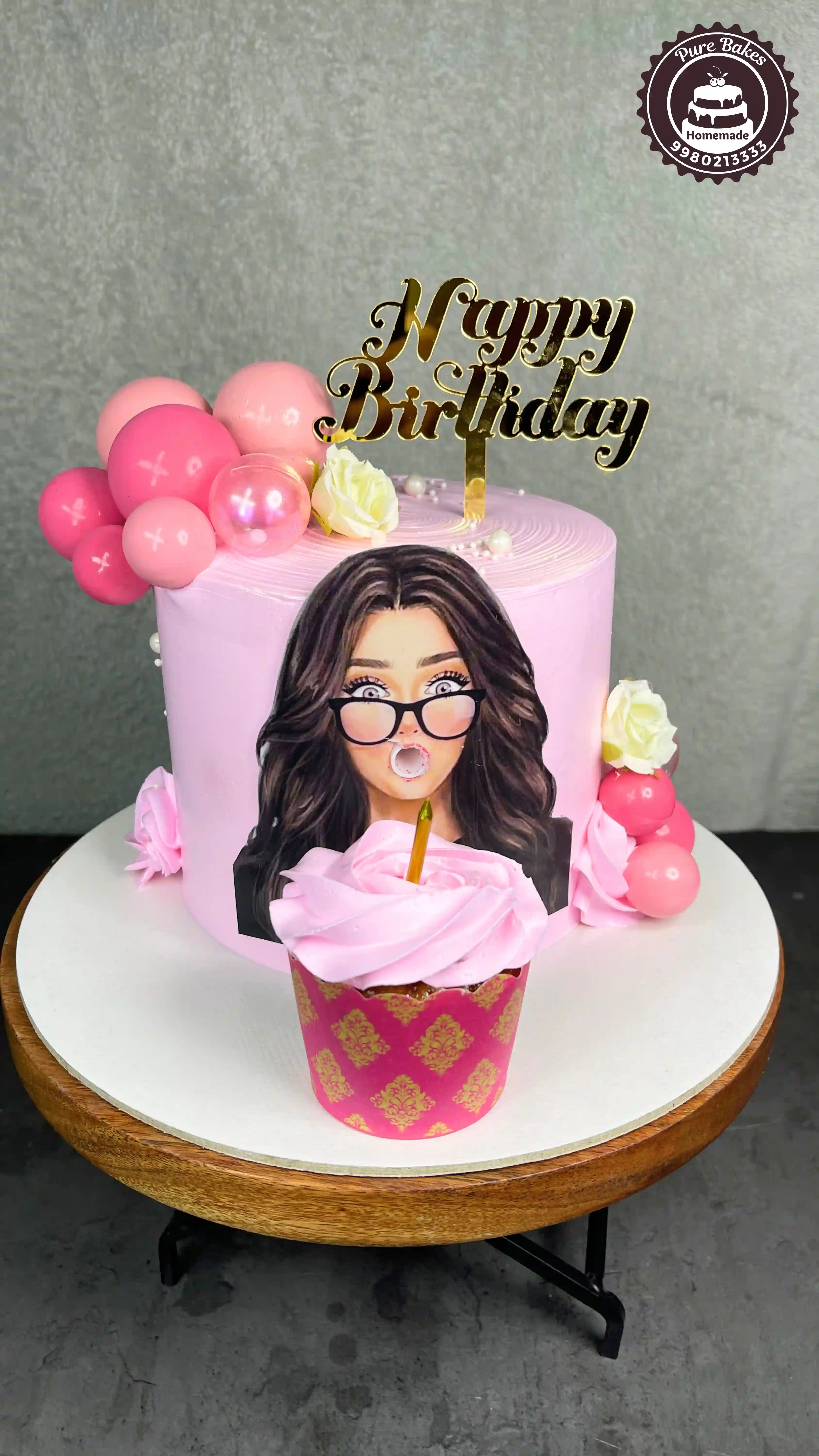 Pink Birthday Cake with Cute Girl Cartoon Topper