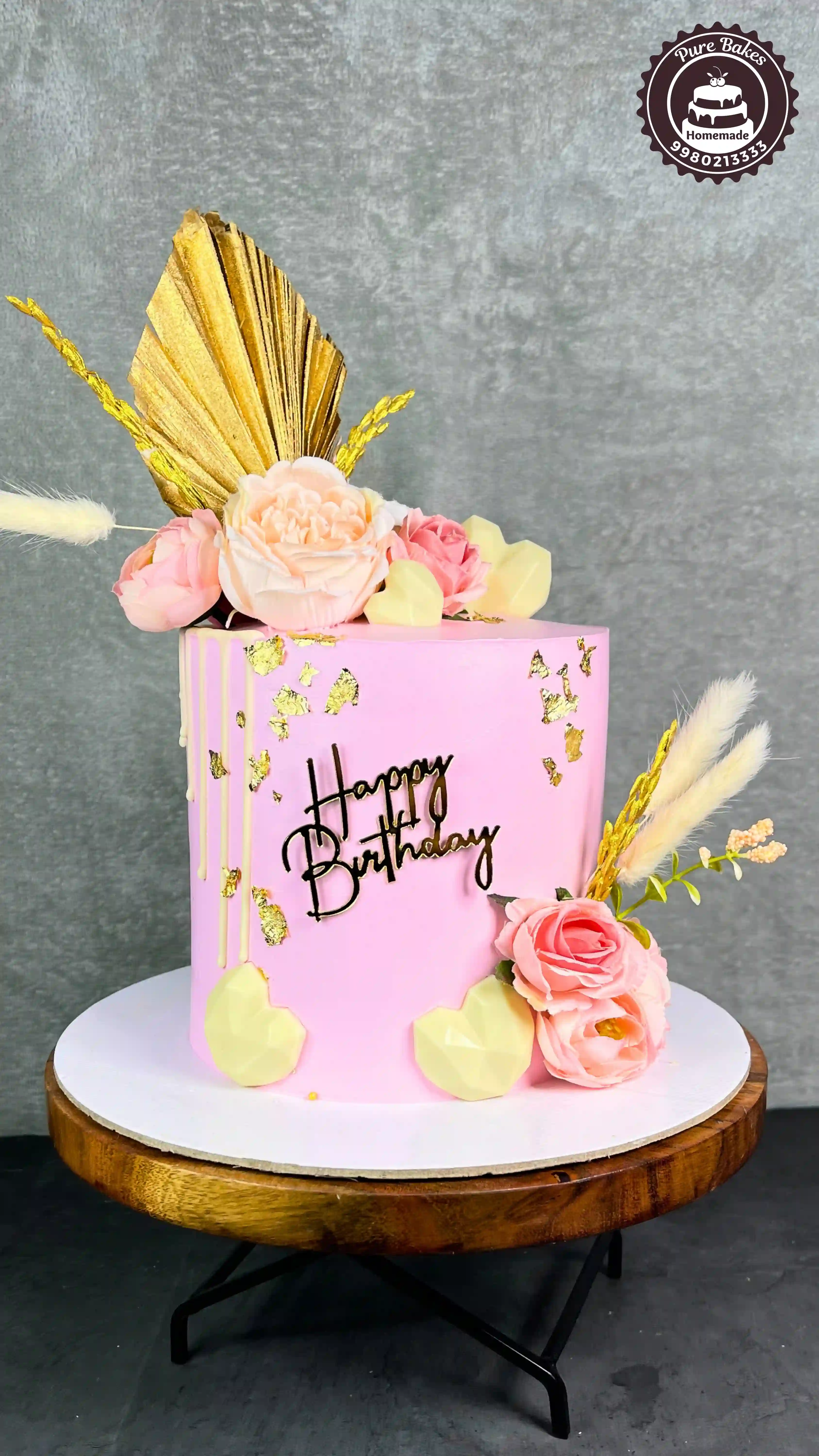 Pink Birthday Cake with Gold Leaf and Roses Design