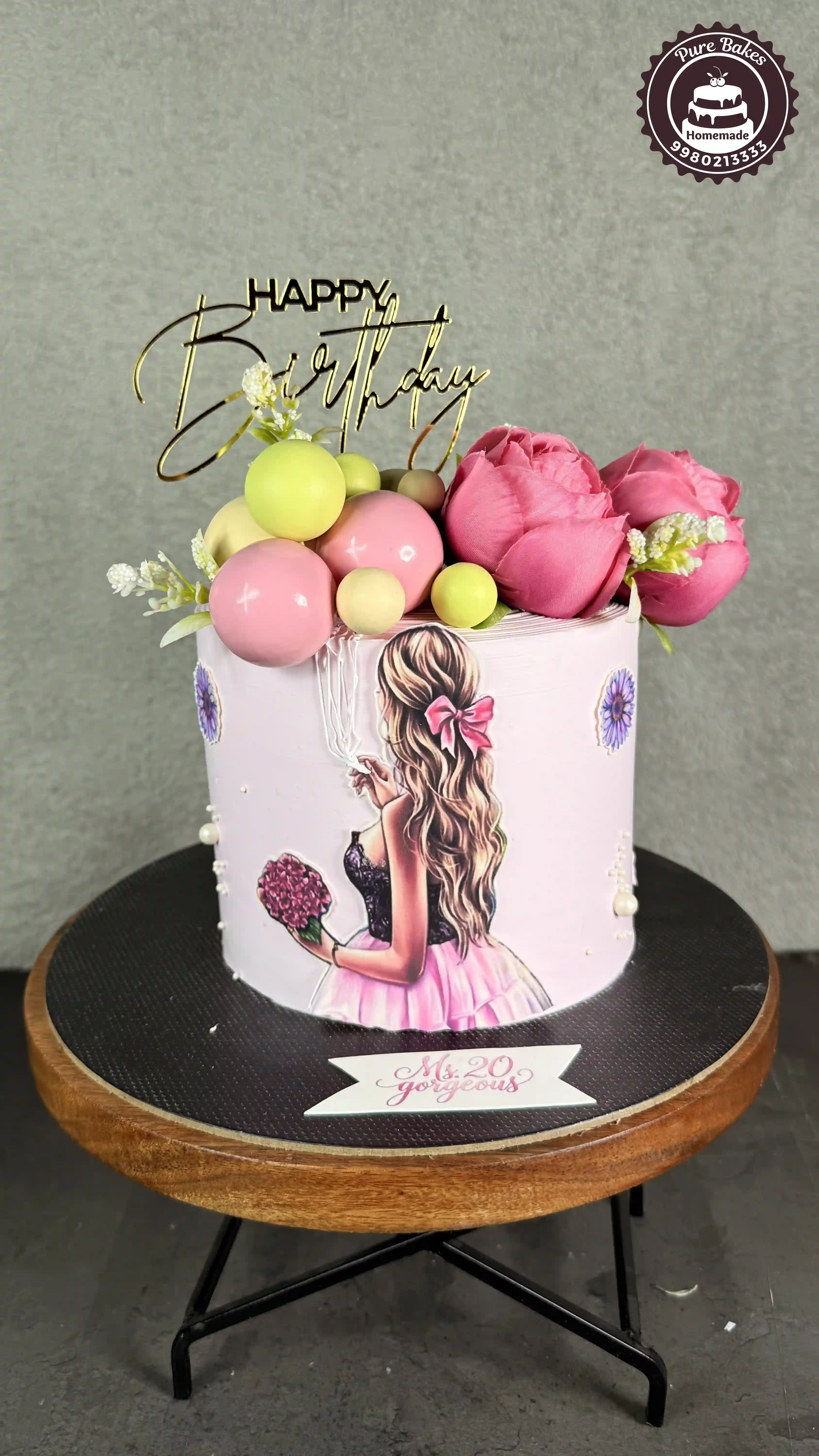 Pink Birthday Cake with Peony Toppers and Girl Theme
