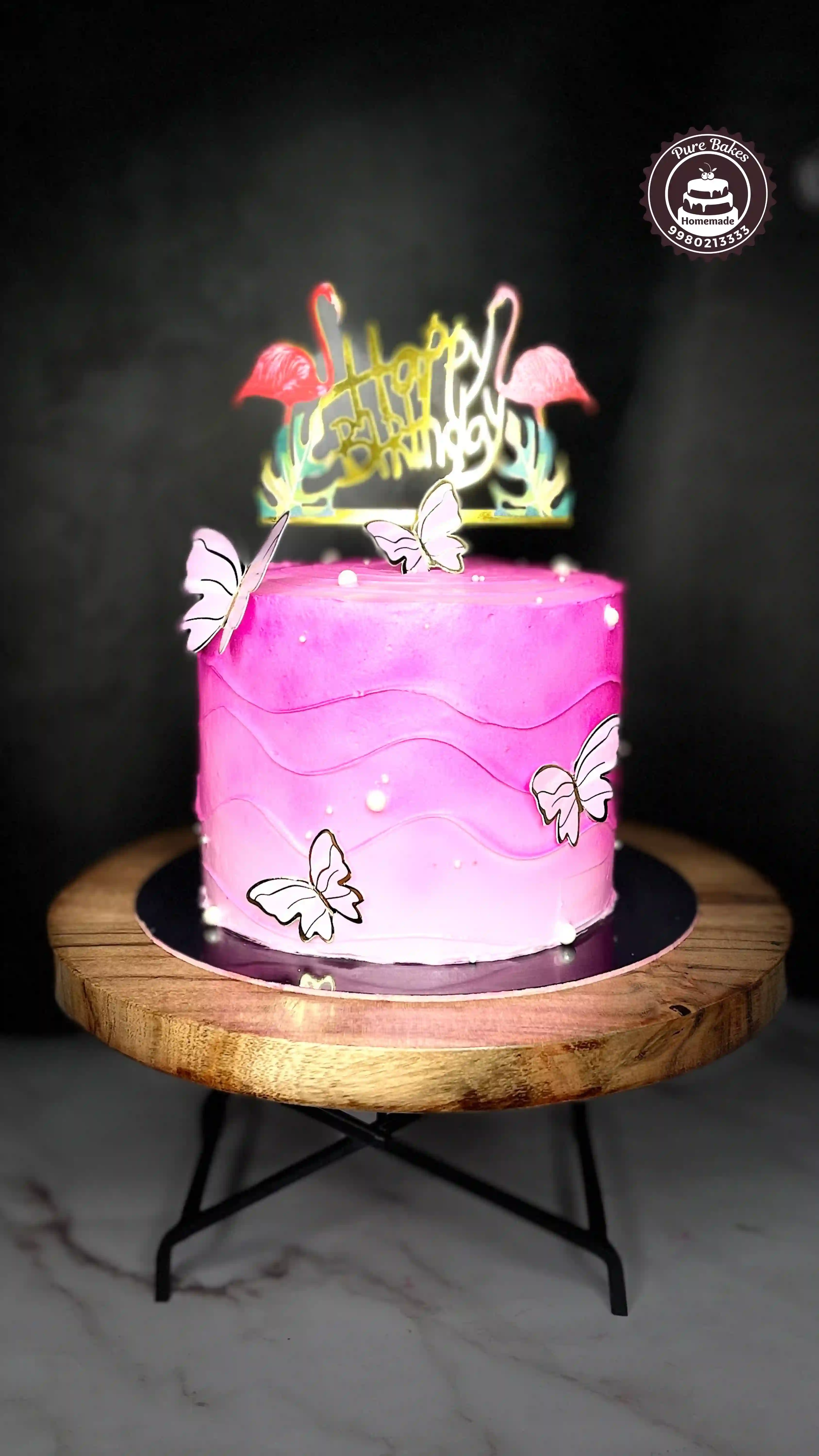 Pink Butterfly Birthday Cake with Flamingo Cake Topper