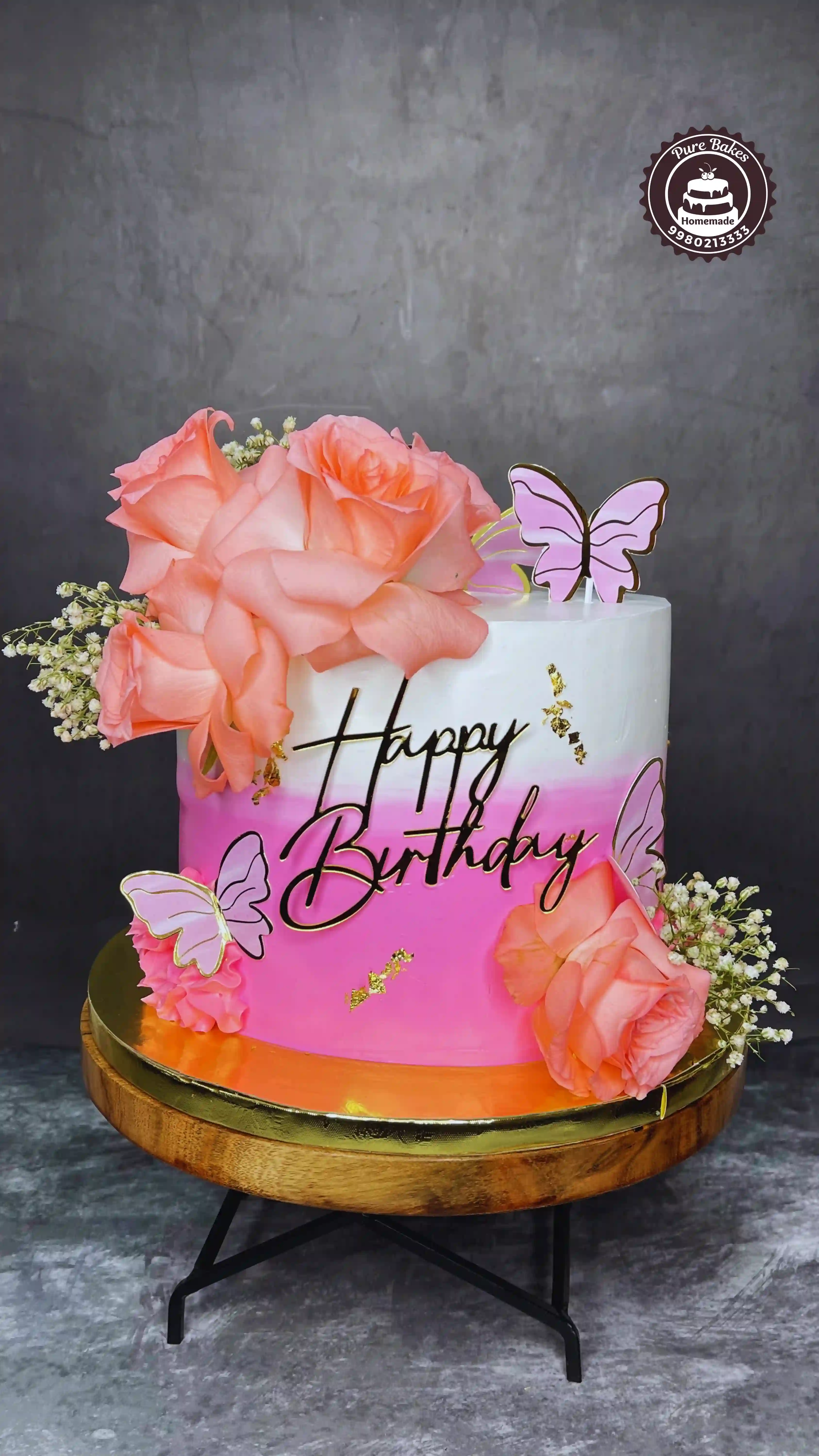Pink Butterfly Birthday Cake with Fresh Rose Decorations
