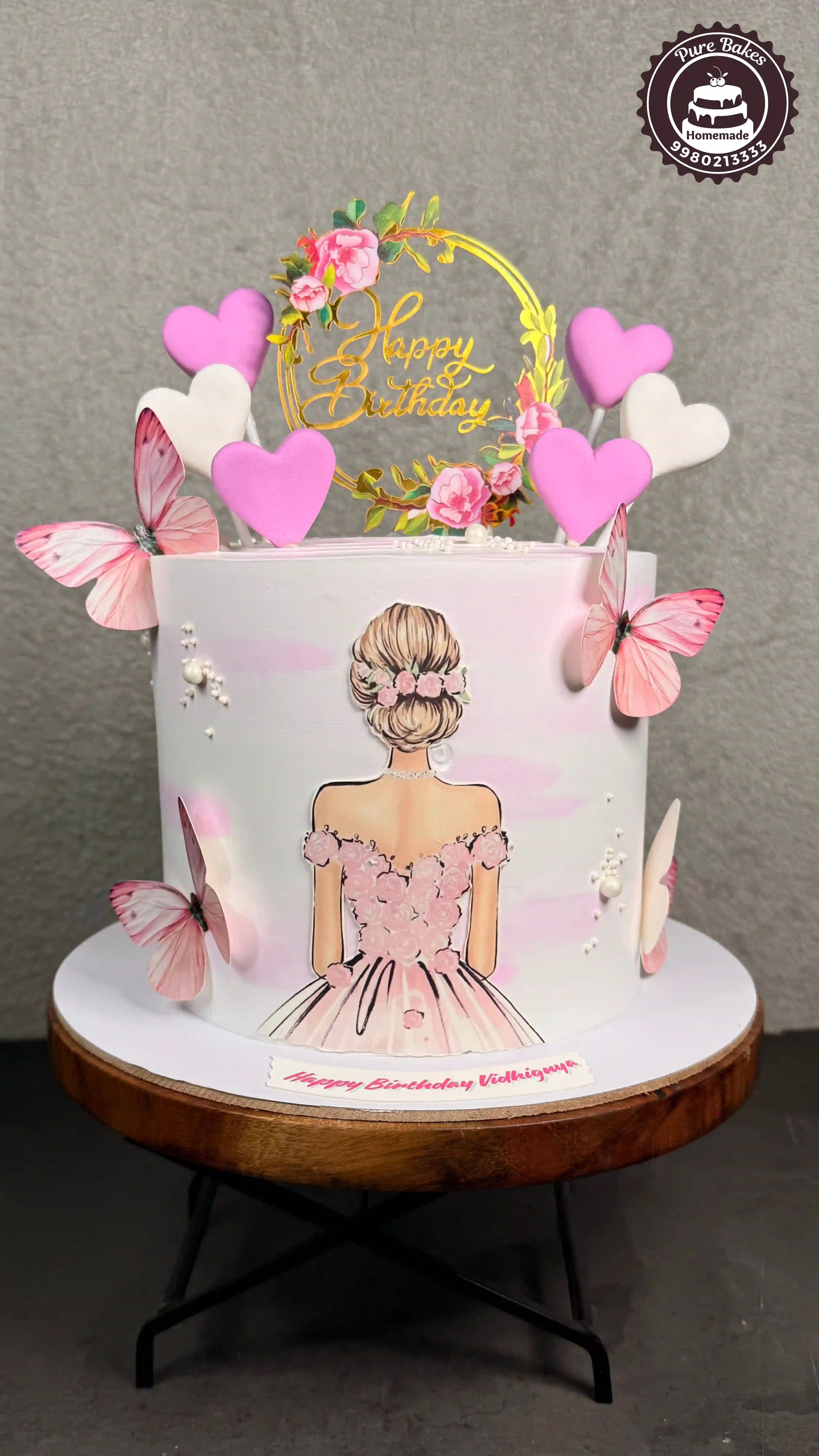 Pink Butterfly Birthday Cake with Heart Toppers Design