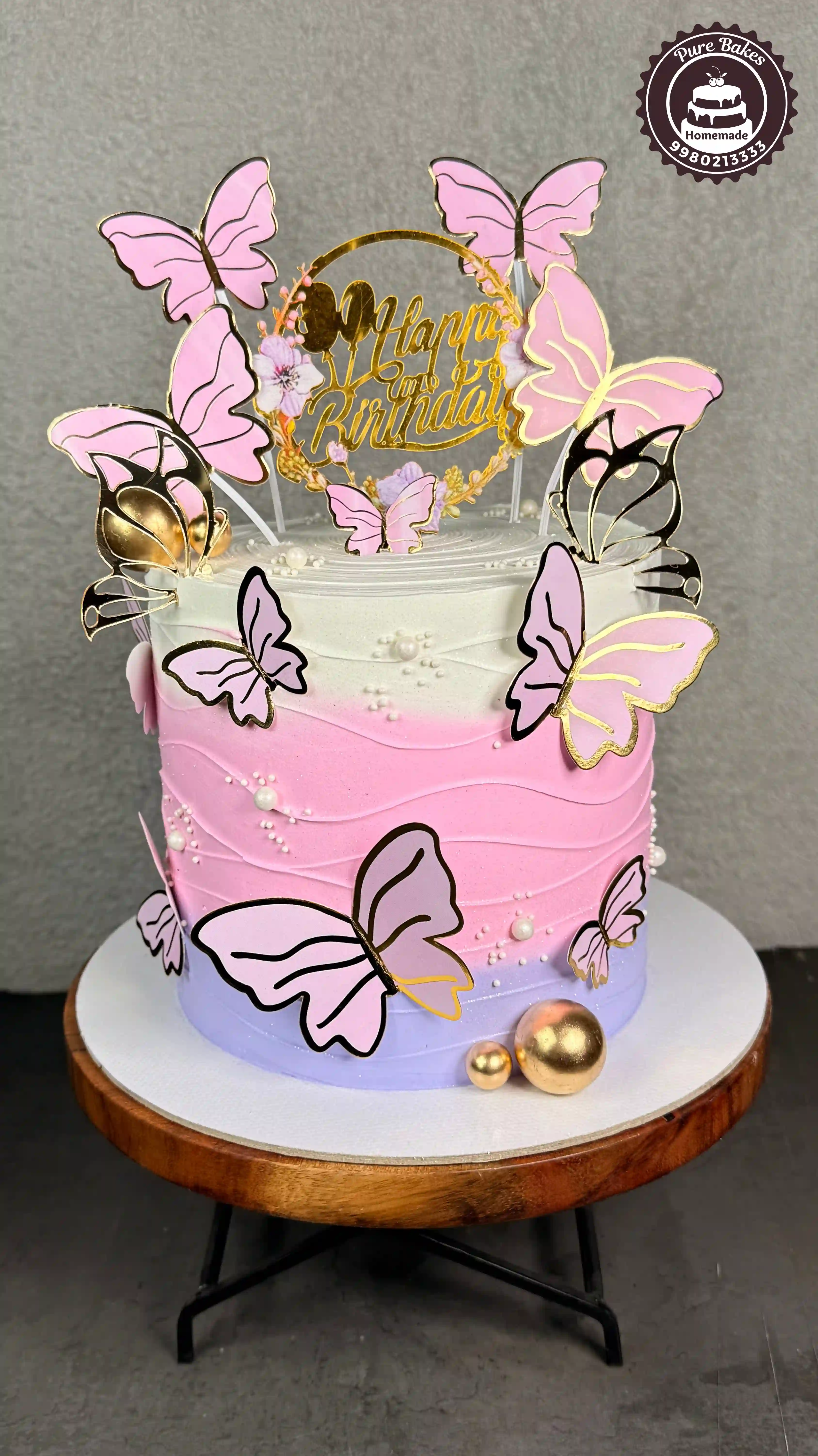 Pink Butterfly Theme Birthday Cake with Gold Topper
