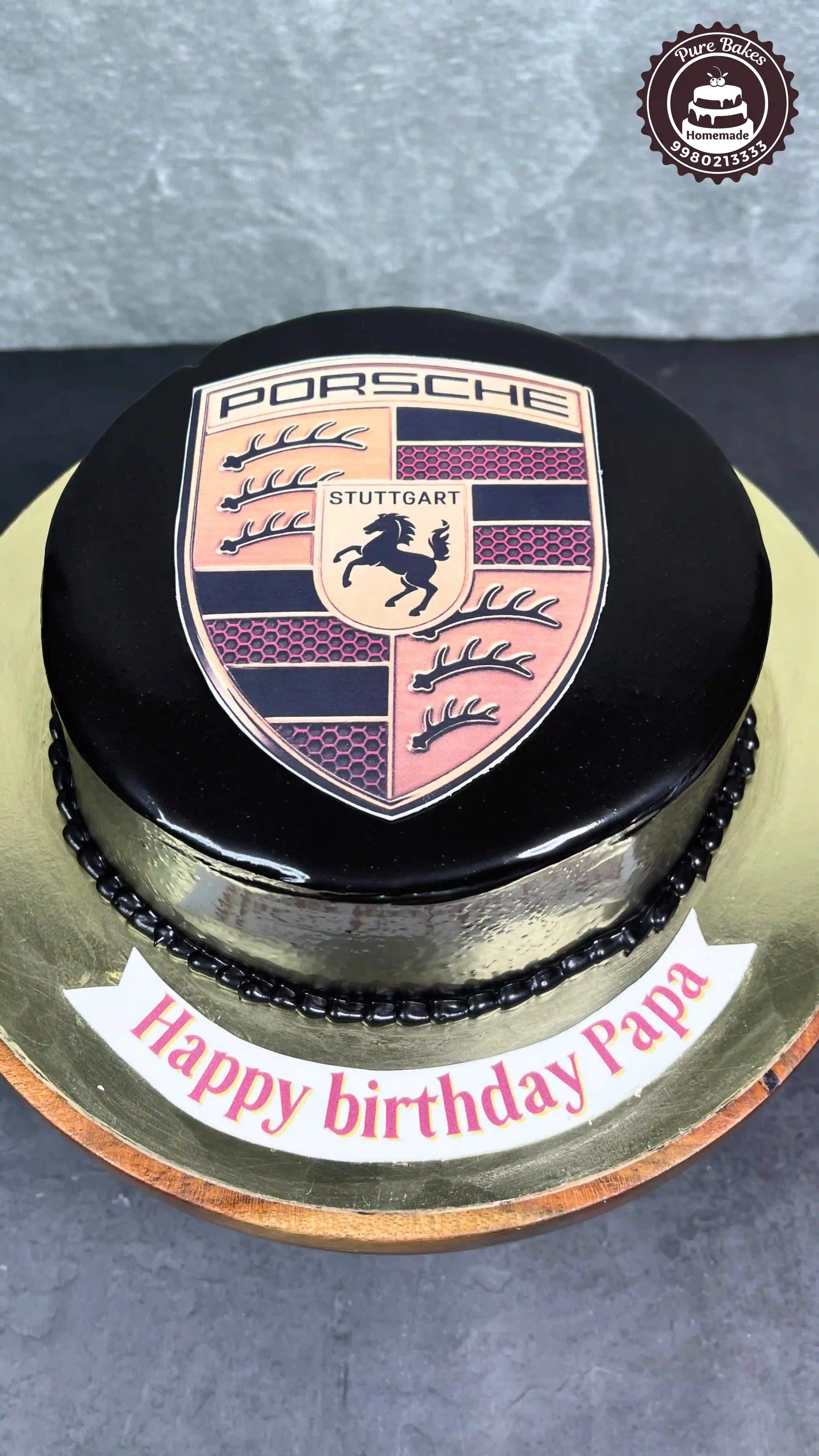 Porsche Logo Black Mirror Glaze Birthday Cake Design