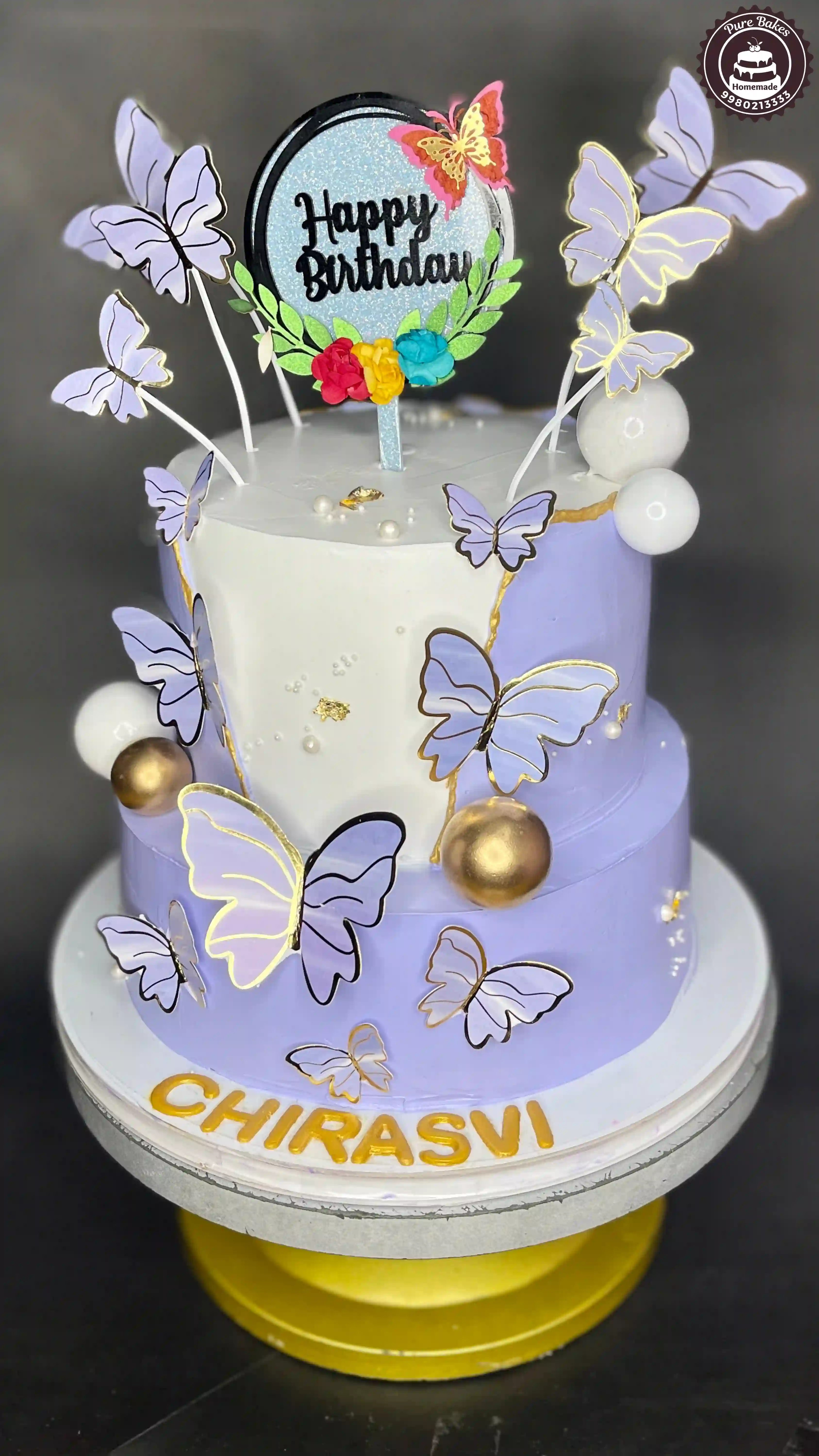 Purple Butterfly Birthday Cake with Custom Name Decoration