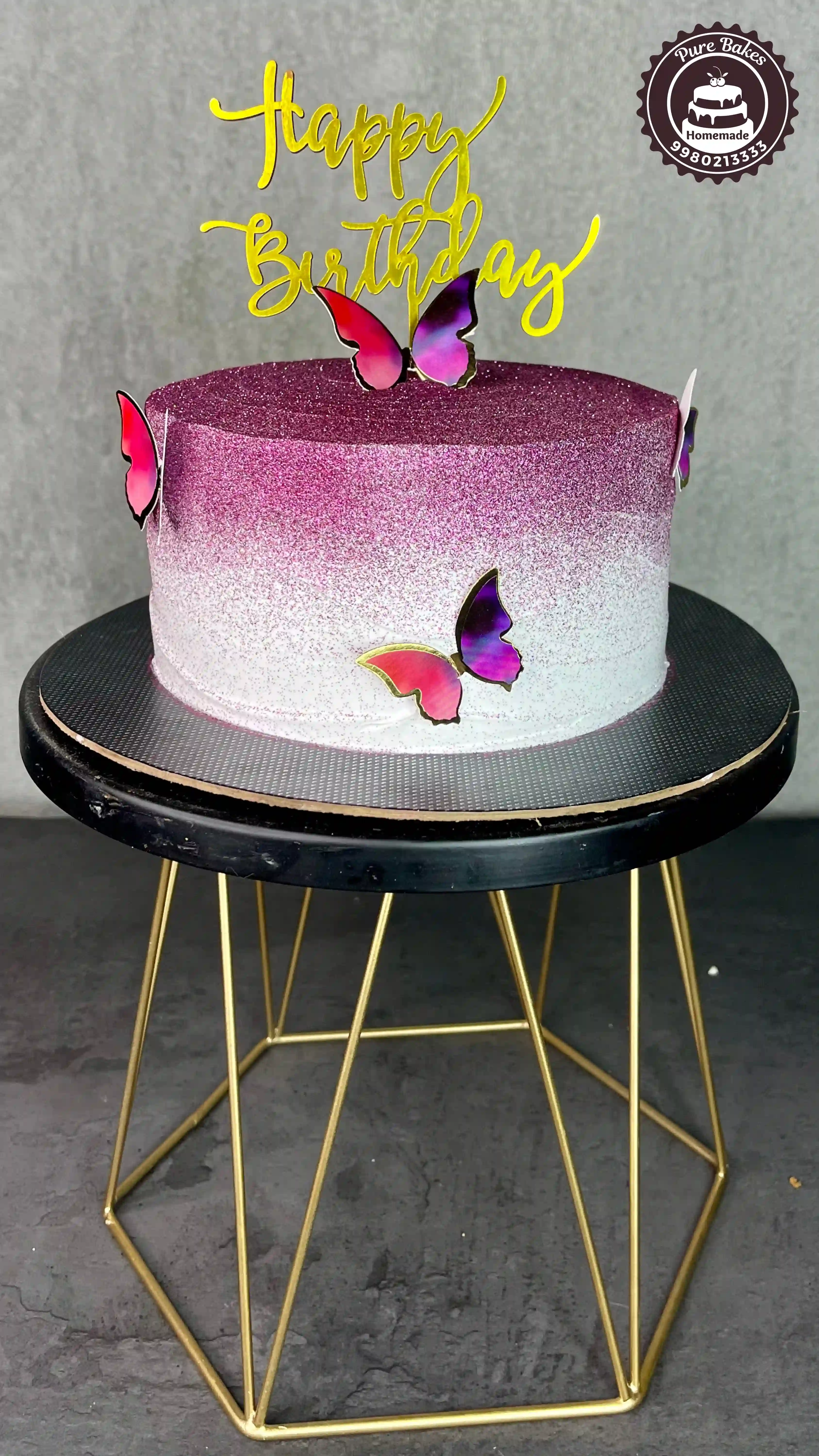 Purple Butterfly Birthday Cake with Glitter Finish and Topper
