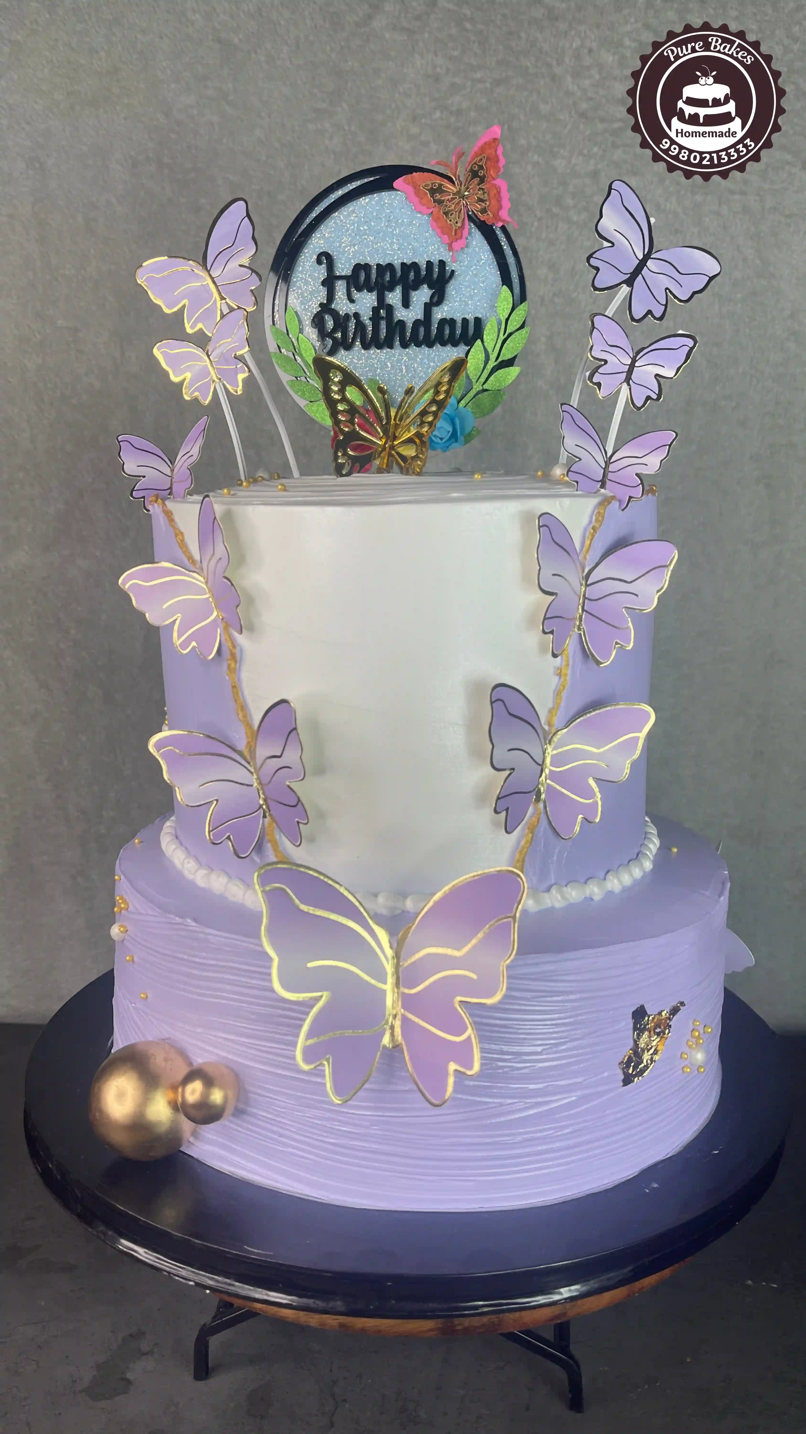 Purple Butterfly Theme Two Tier Birthday Cake with Gold Accents