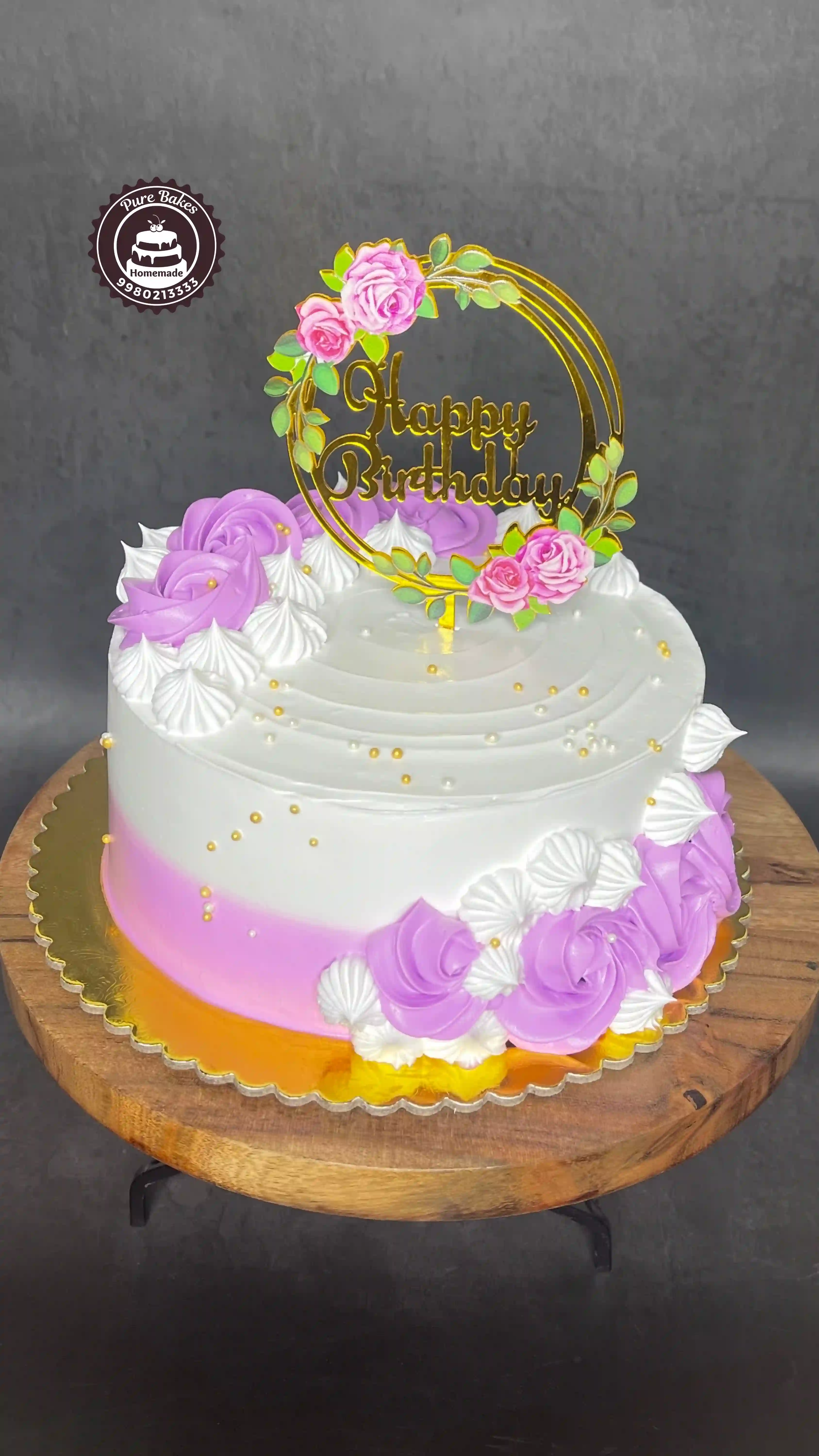 Purple Rosette Birthday Cake with Gold Happy Birthday Topper
