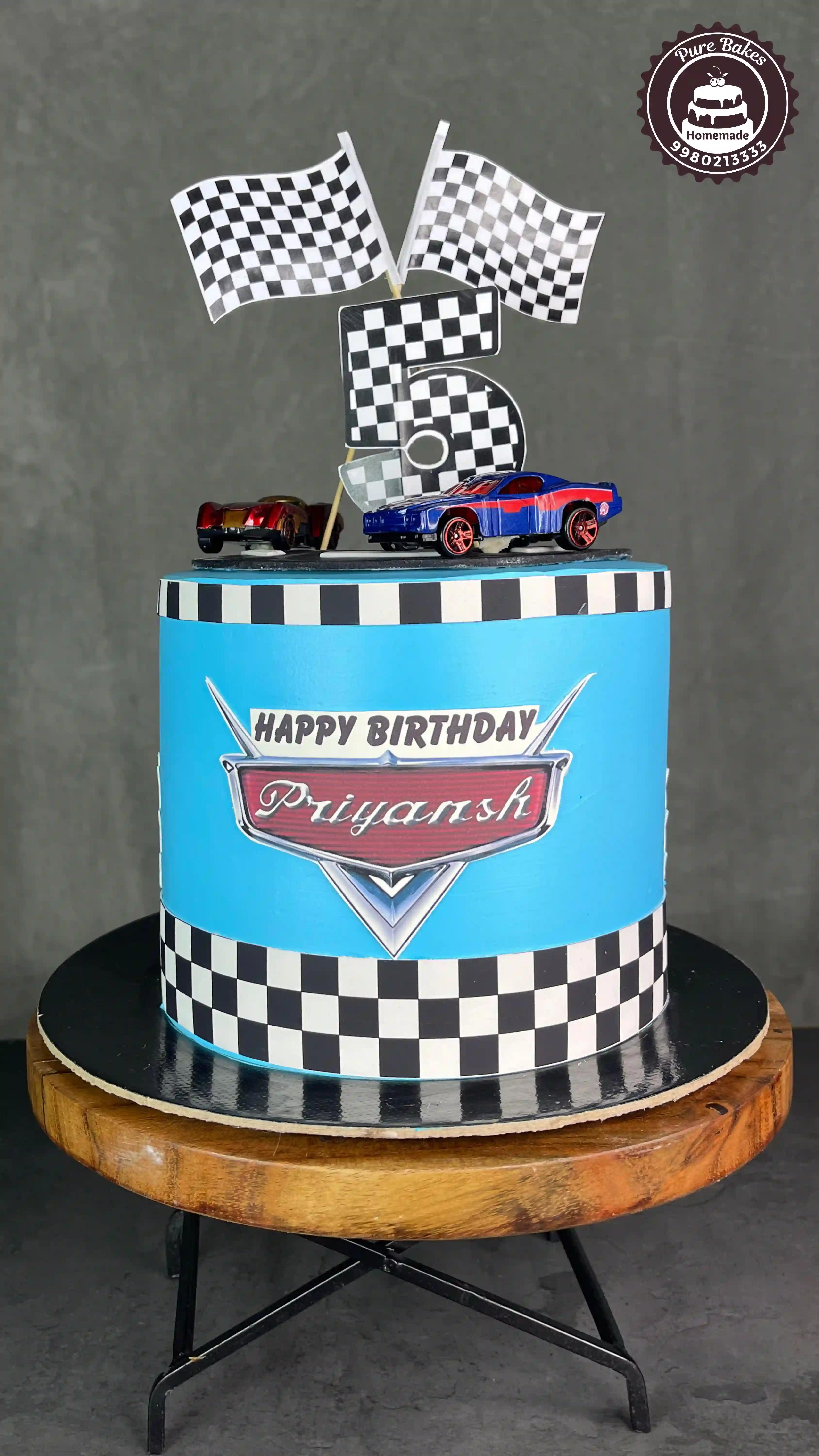 Racing Car Theme Birthday Cake with Checkered Flag Topper