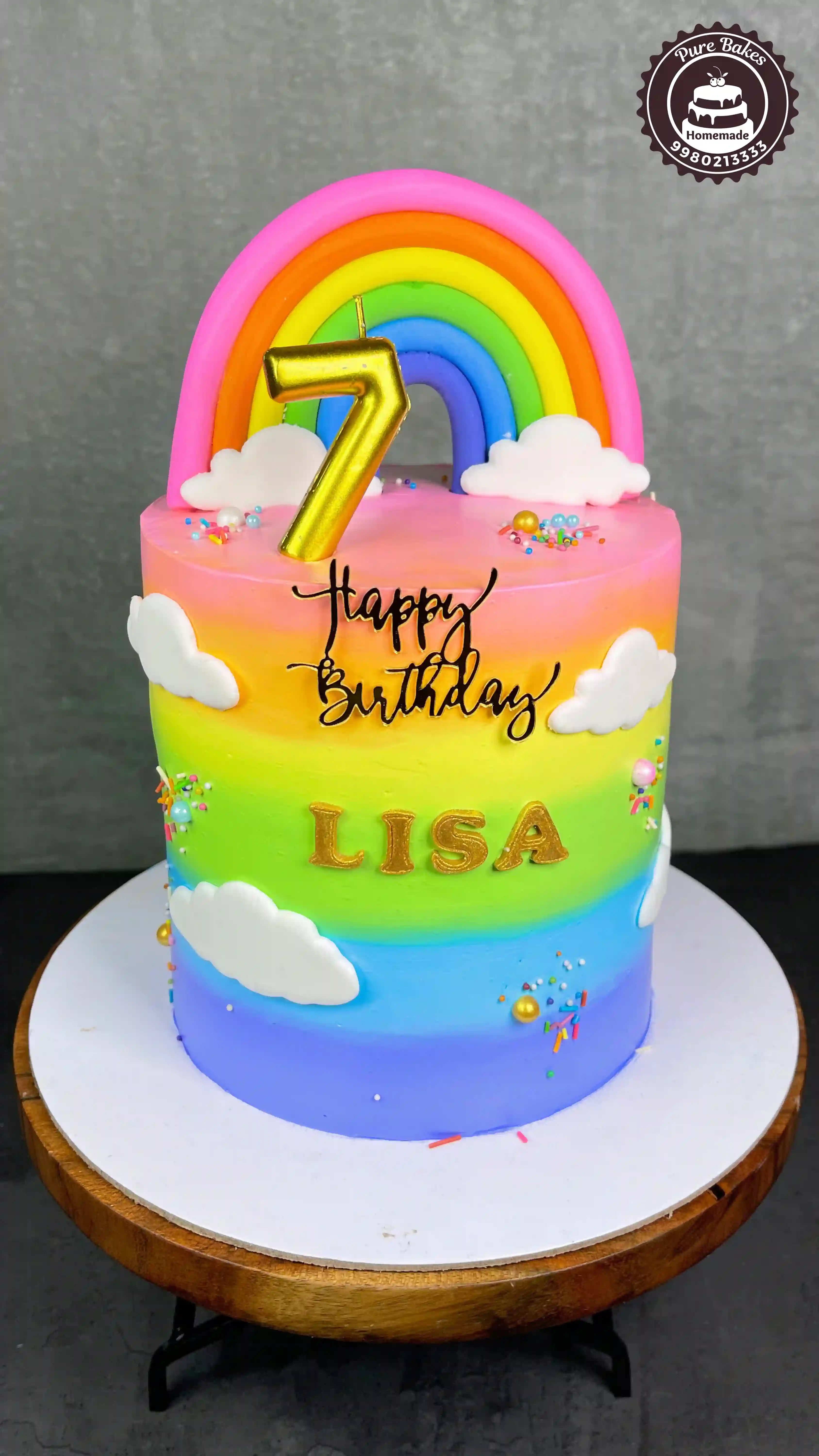 Rainbow Theme Birthday Cake with Clouds and Custom Name