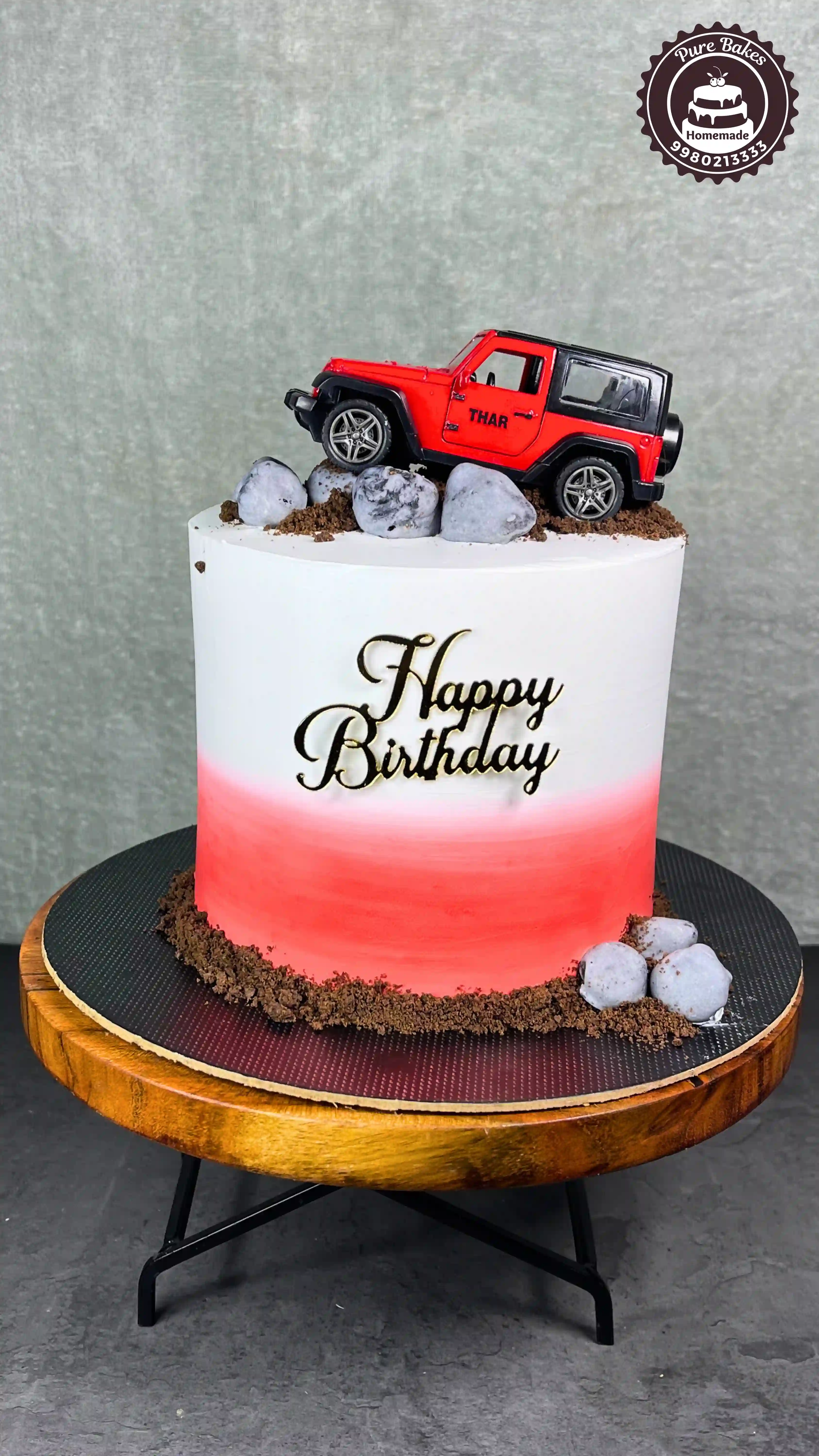 Red Jeep Adventure Theme Birthday Cake With Rocky Design